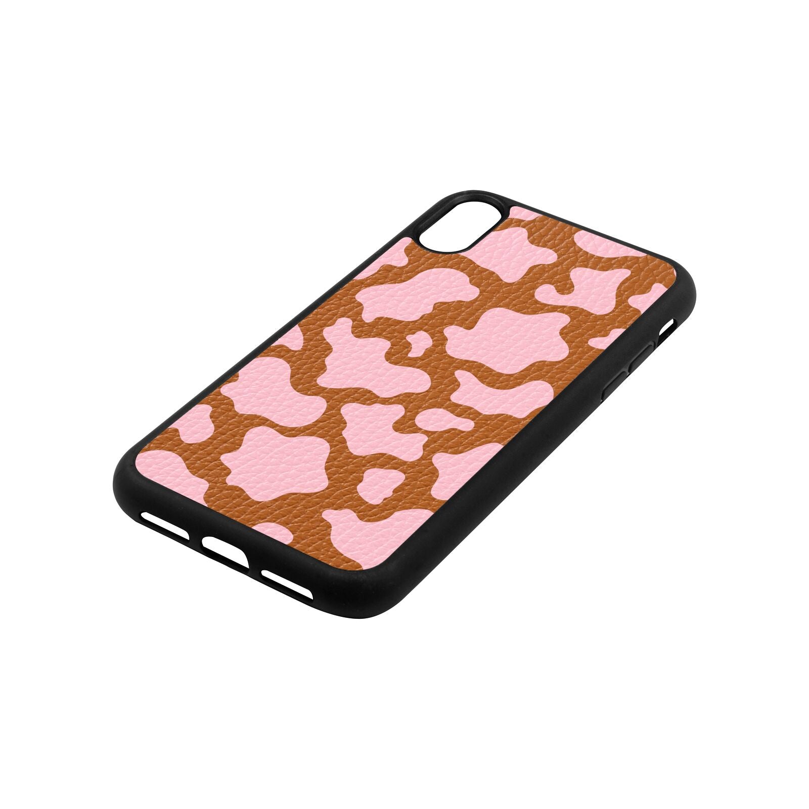 Pink Cow Print Tan Pebble Leather iPhone Xr Case Side Angle