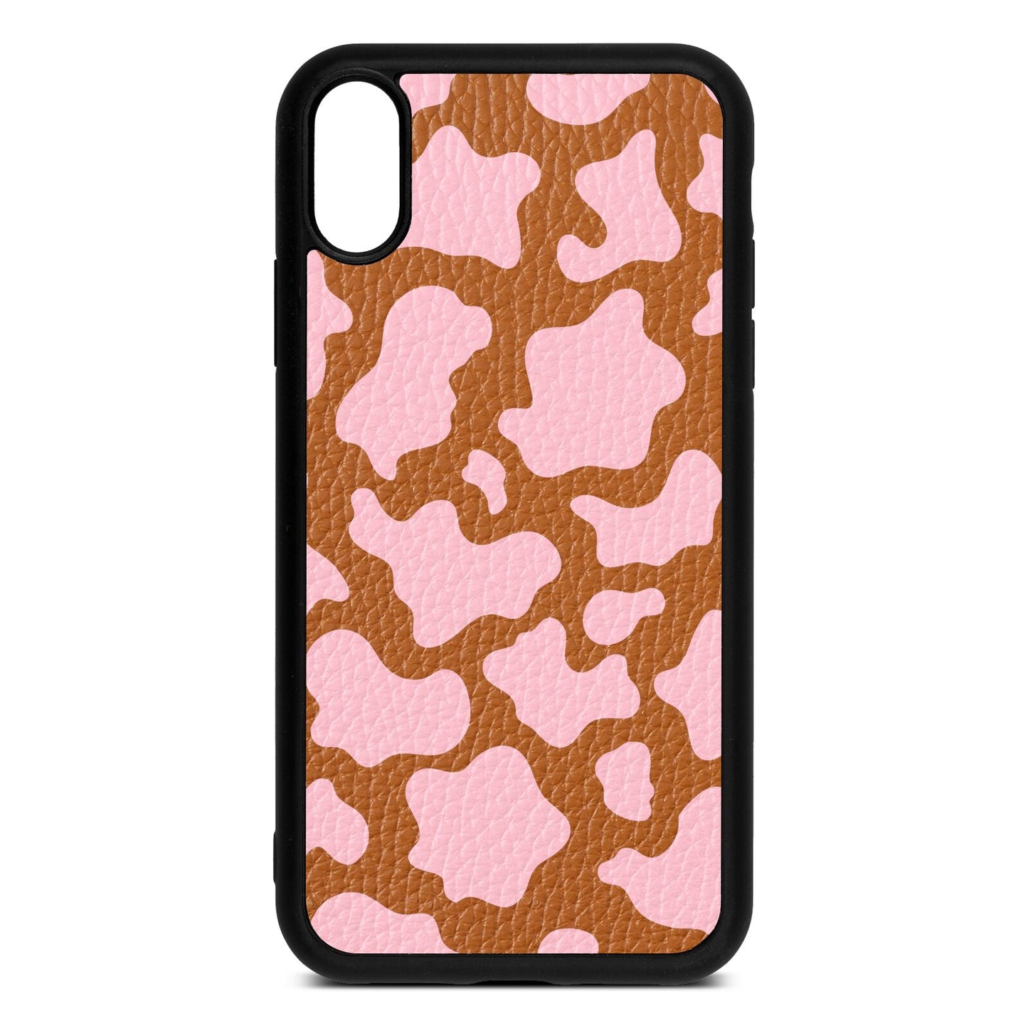 Pink Cow Print Tan Pebble Leather iPhone Xr Case