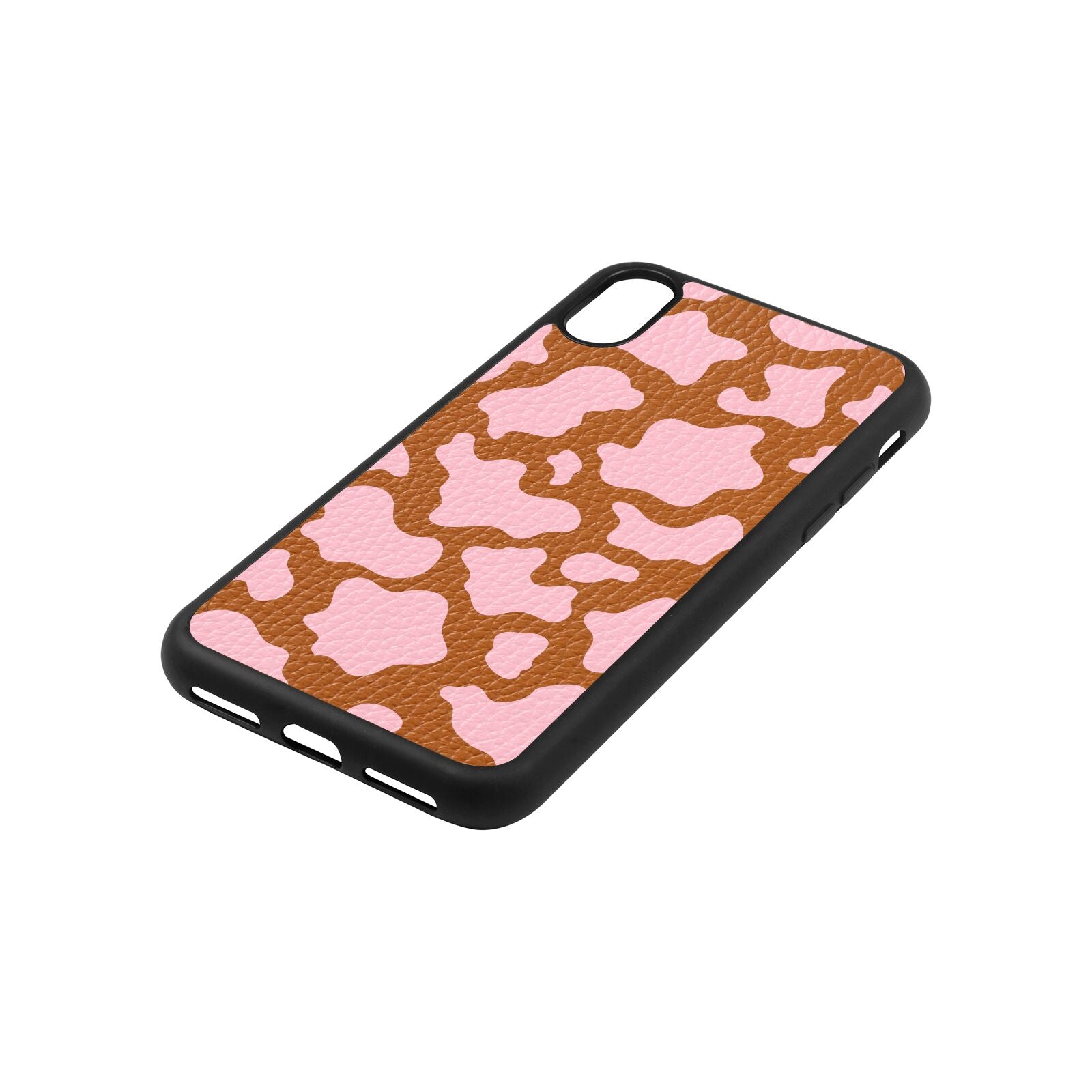 Pink Cow Print Tan Pebble Leather iPhone Xs Case Side Angle