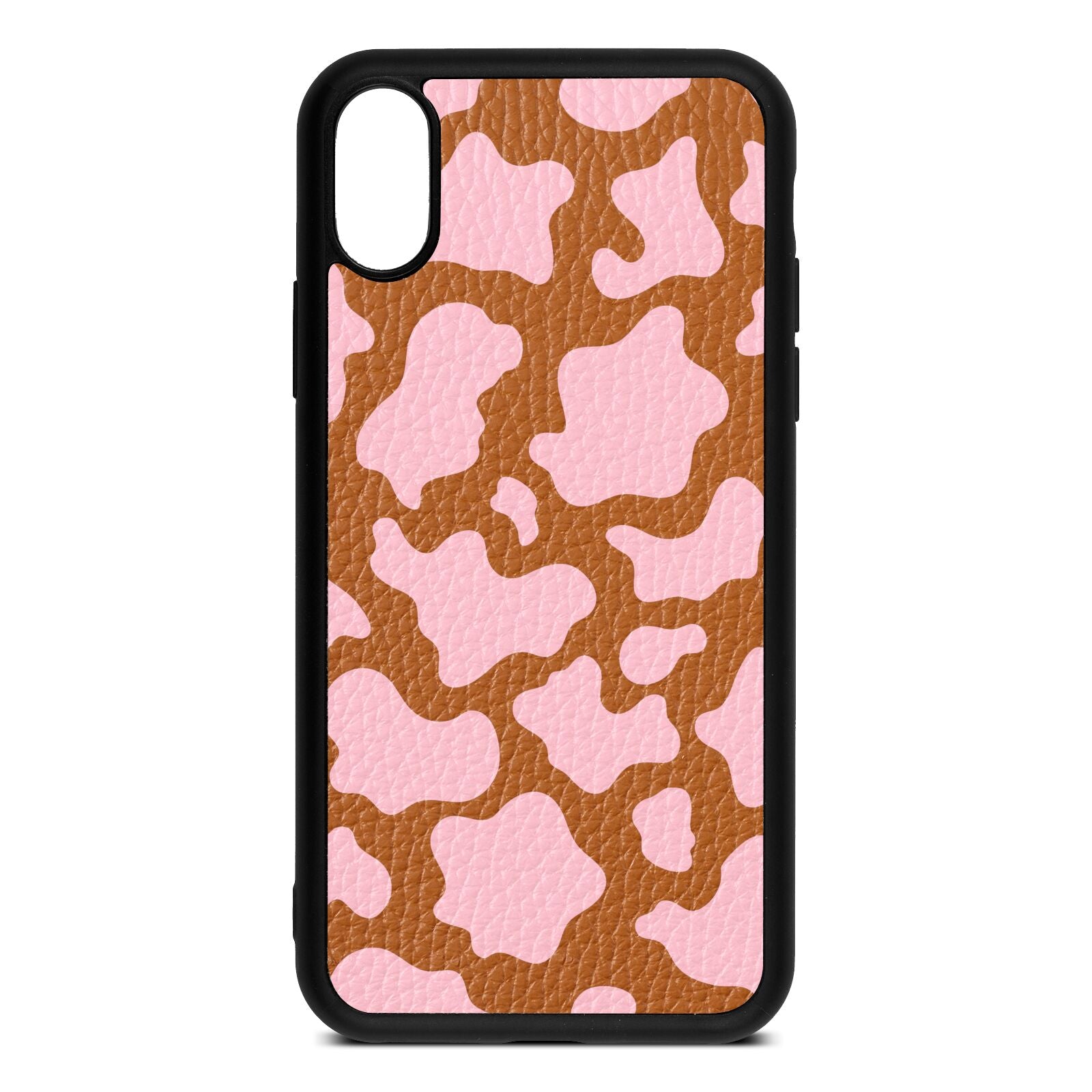 Pink Cow Print Tan Pebble Leather iPhone Xs Case