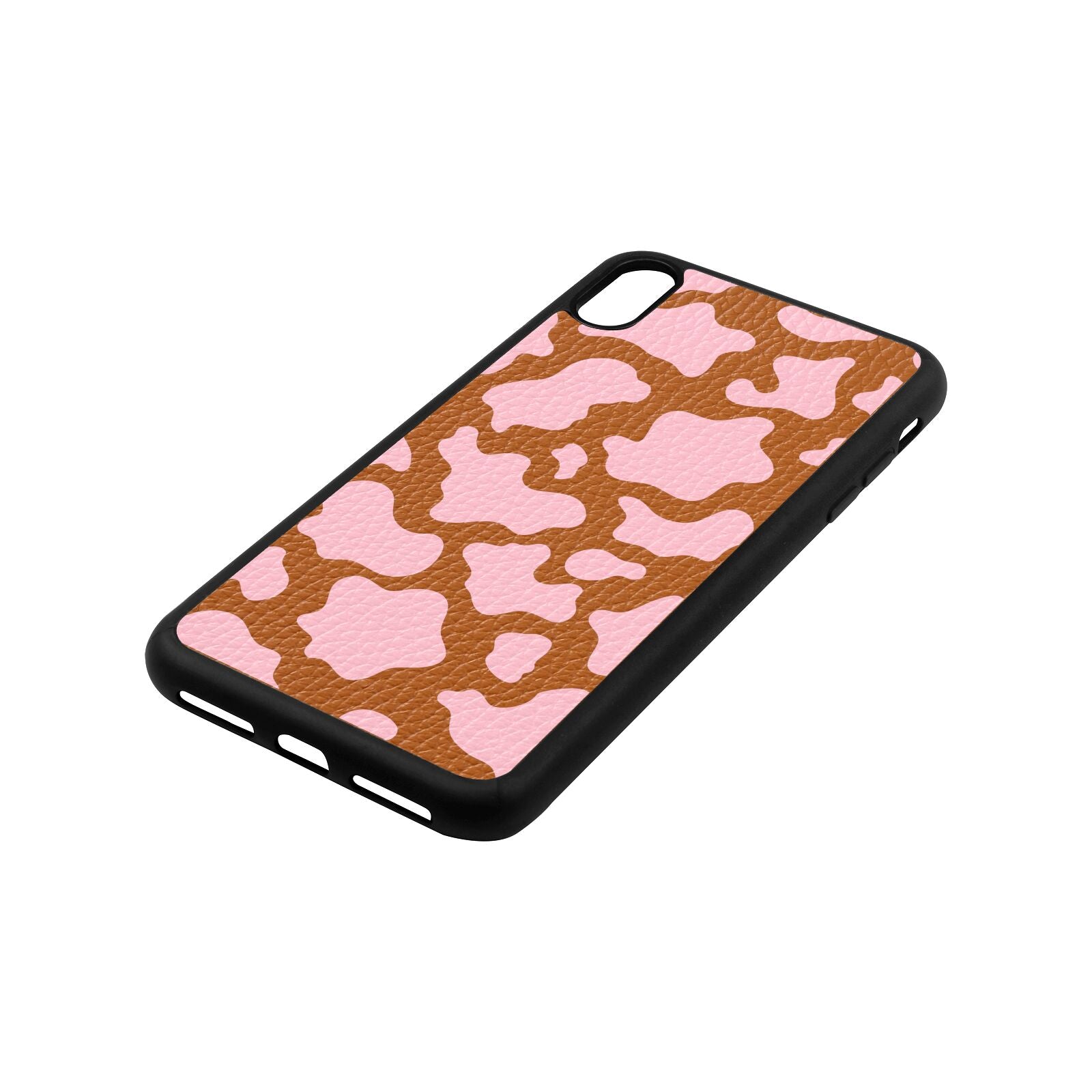 Pink Cow Print Tan Pebble Leather iPhone Xs Max Case Side Angle