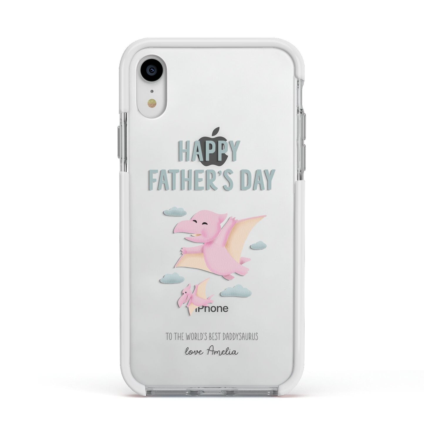 Pink Dino Happy Fathers Day Custom Apple iPhone XR Impact Case White Edge on Silver Phone