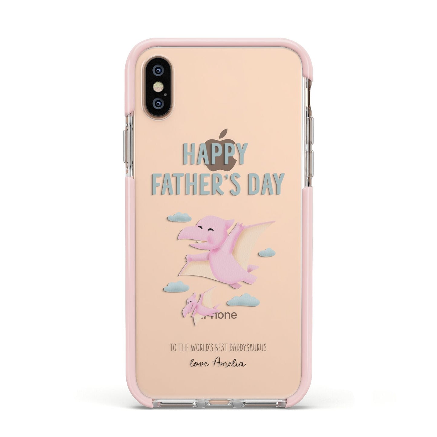 Pink Dino Happy Fathers Day Custom Apple iPhone Xs Impact Case Pink Edge on Gold Phone