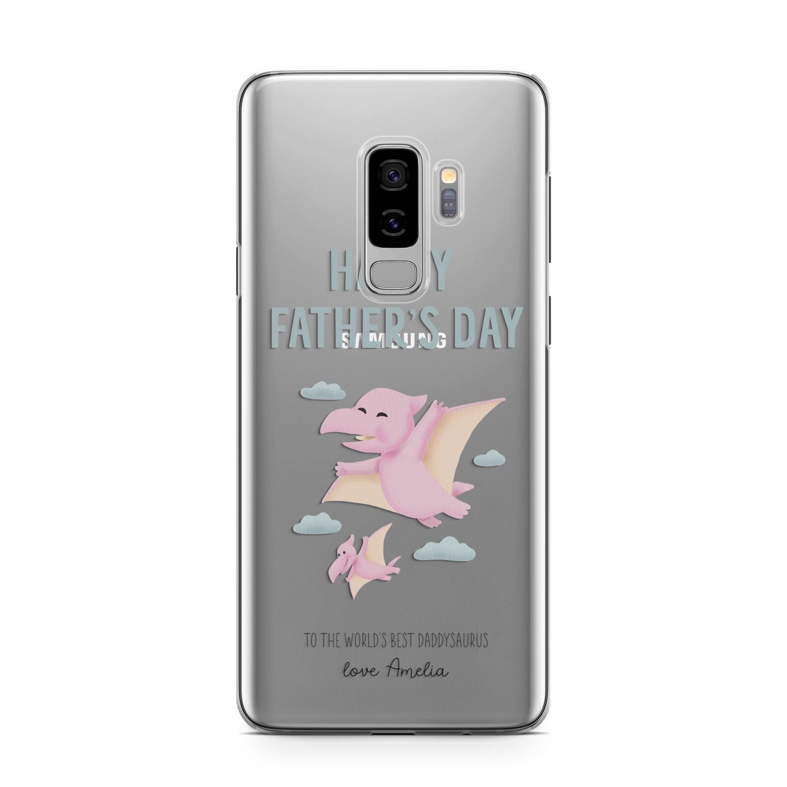 Pink Dino Happy Fathers Day Custom Samsung Galaxy S9 Plus Case on Silver phone