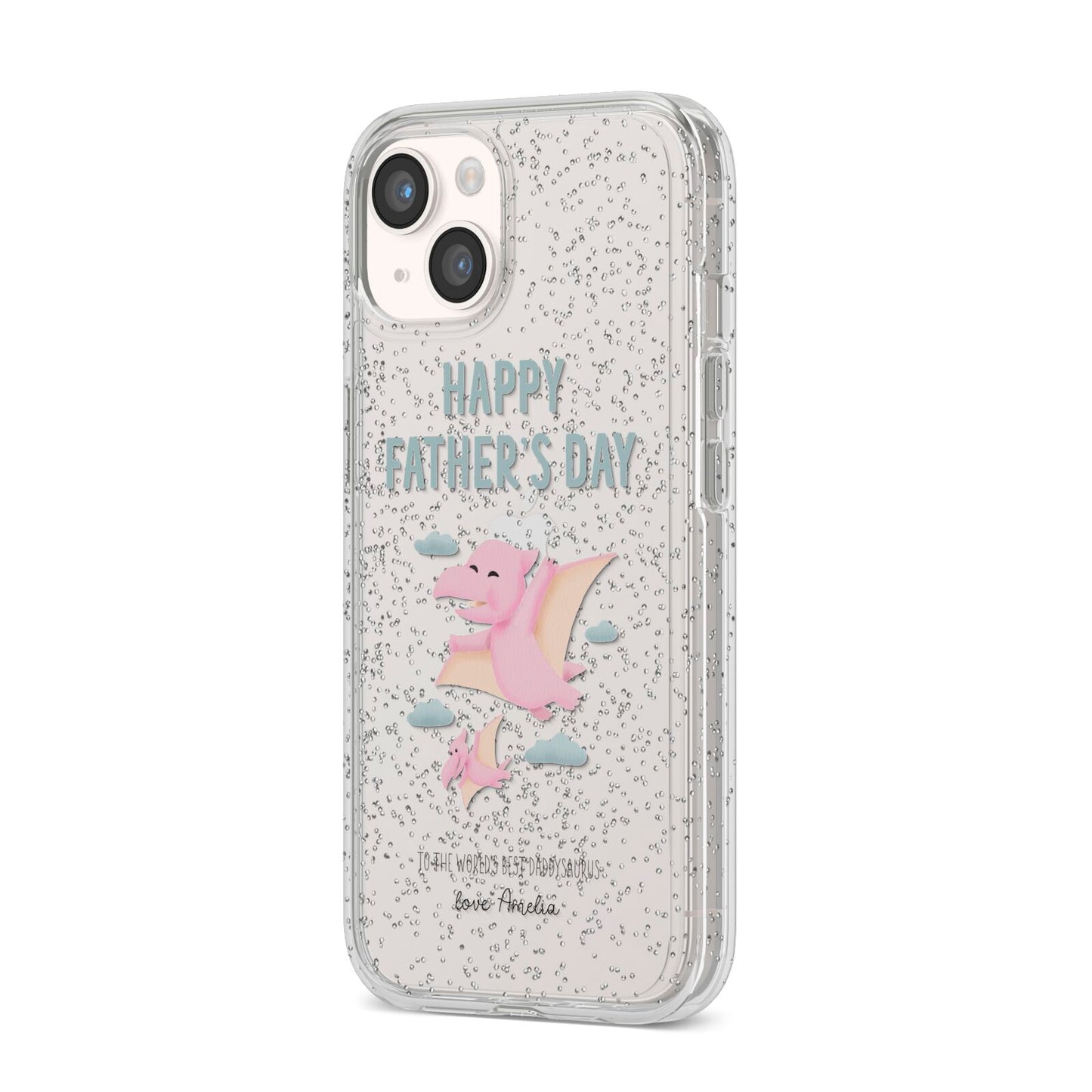 Pink Dino Happy Fathers Day Custom iPhone 14 Glitter Tough Case Starlight Angled Image