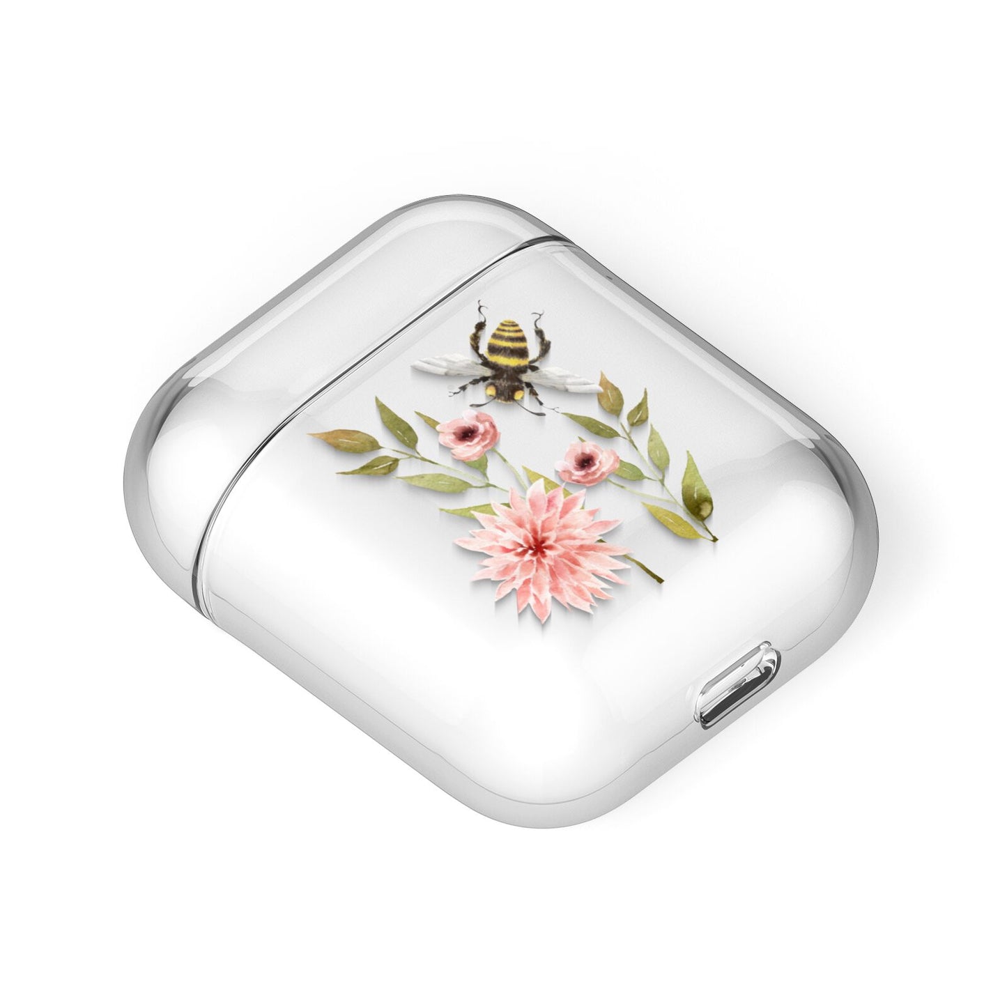 Pink Flowers and Bees AirPods Case Laid Flat