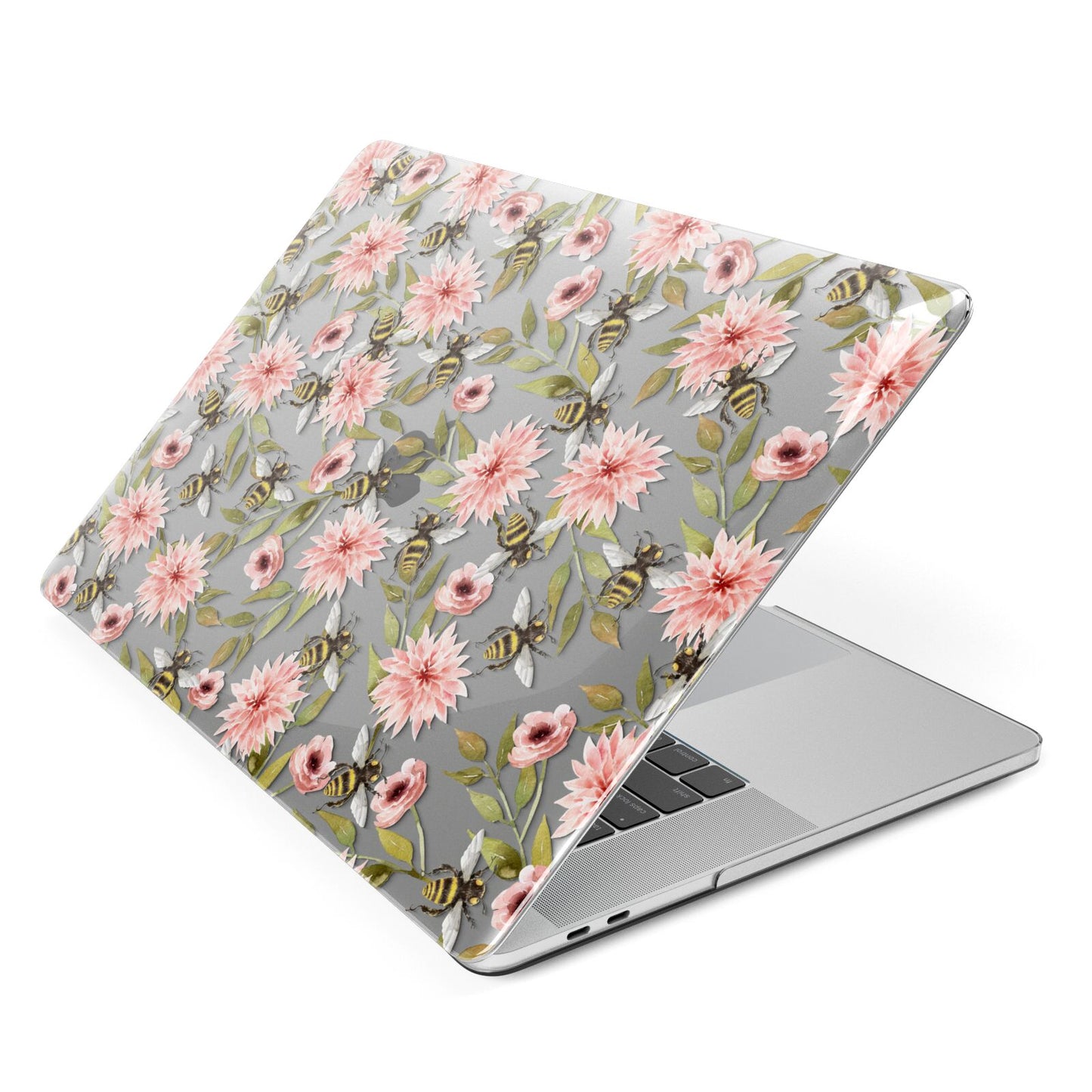 Clear Pink Flowers and Bees Apple MacBook Case Side View