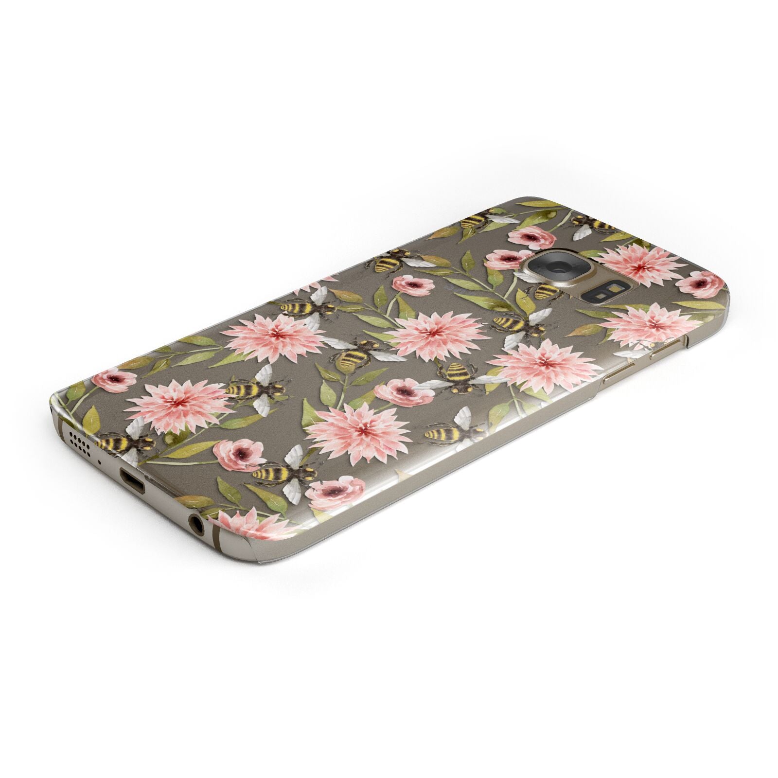 Pink Flowers and Bees Protective Samsung Galaxy Case Angled Image