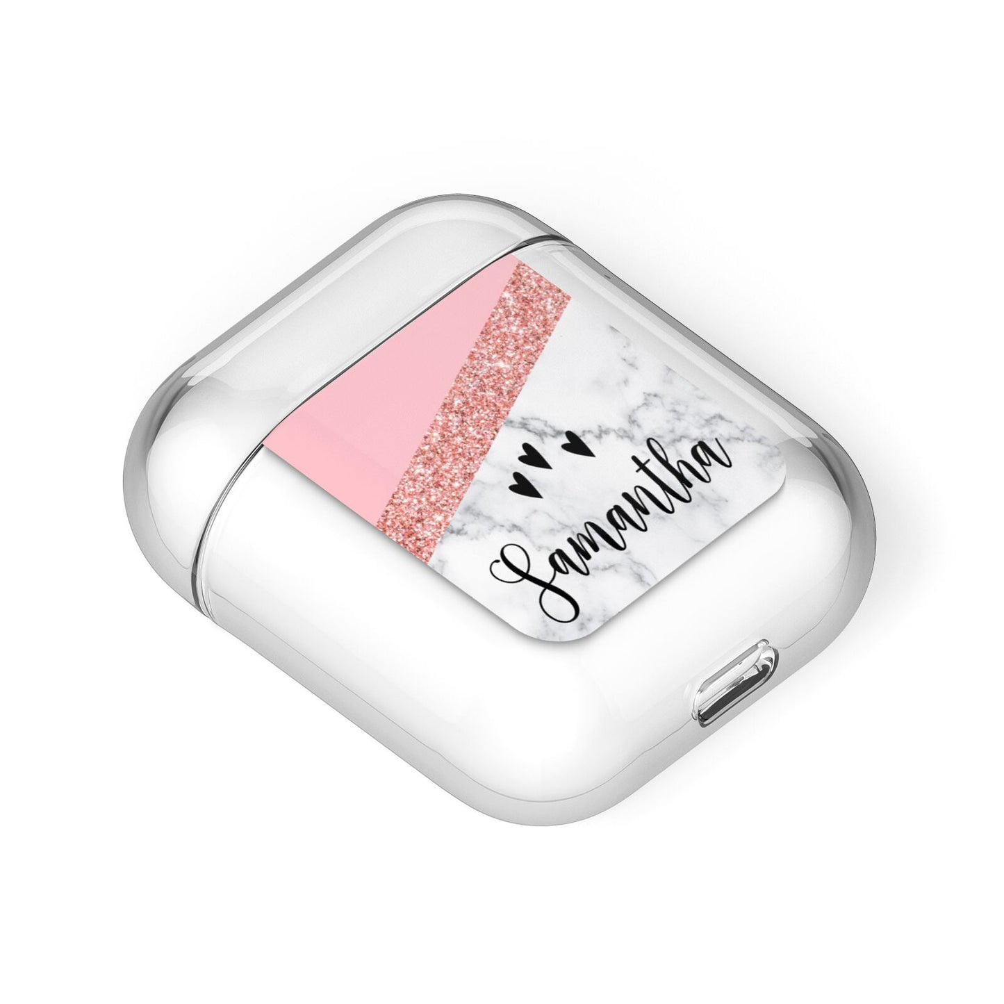 Pink Geometric Marble Personalised Name AirPods Case Laid Flat