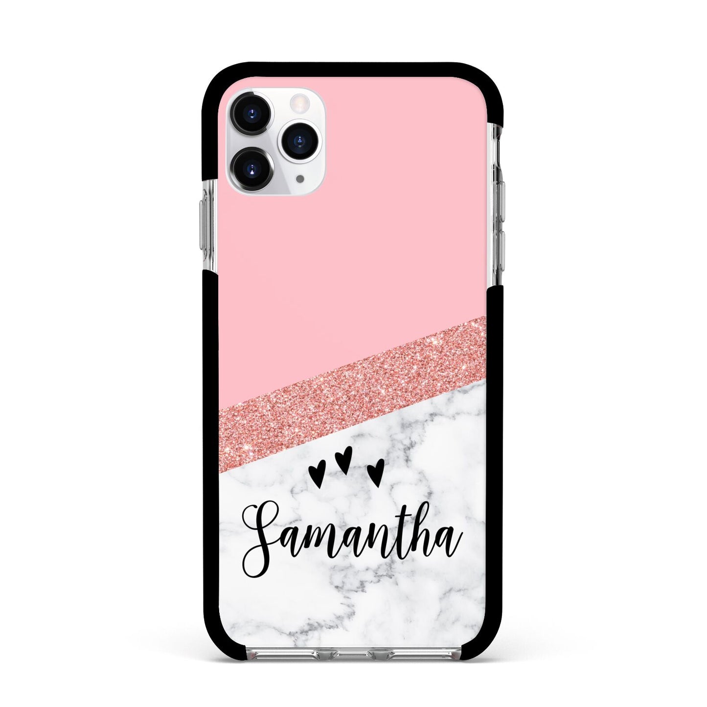Pink Geometric Marble Personalised Name Apple iPhone 11 Pro Max in Silver with Black Impact Case