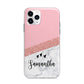Pink Geometric Marble Personalised Name Apple iPhone 11 Pro Max in Silver with Bumper Case