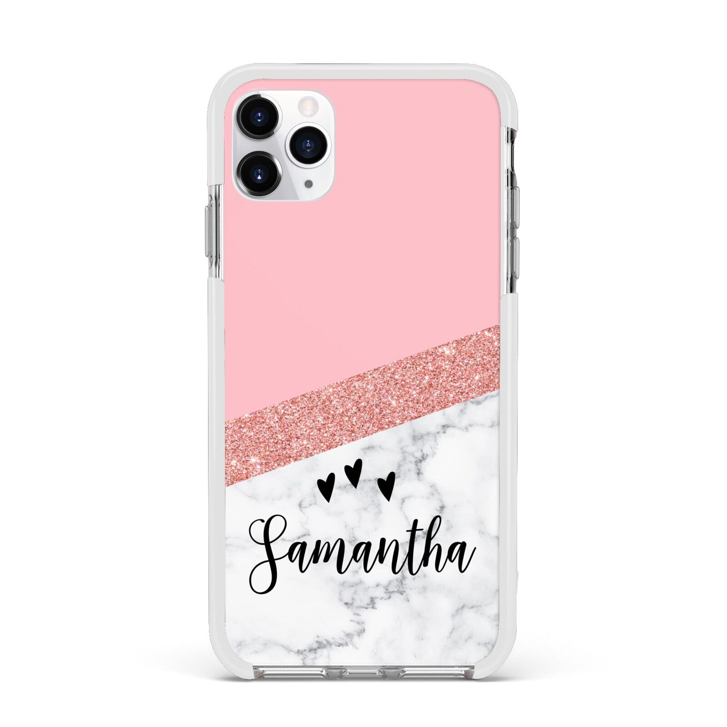 Pink Geometric Marble Personalised Name Apple iPhone 11 Pro Max in Silver with White Impact Case