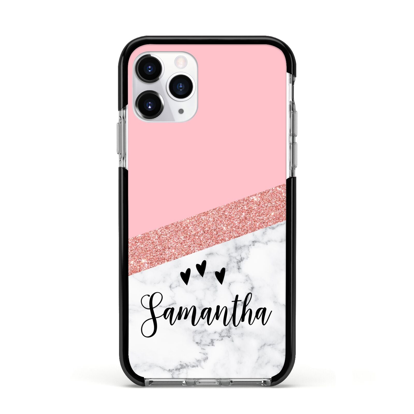 Pink Geometric Marble Personalised Name Apple iPhone 11 Pro in Silver with Black Impact Case