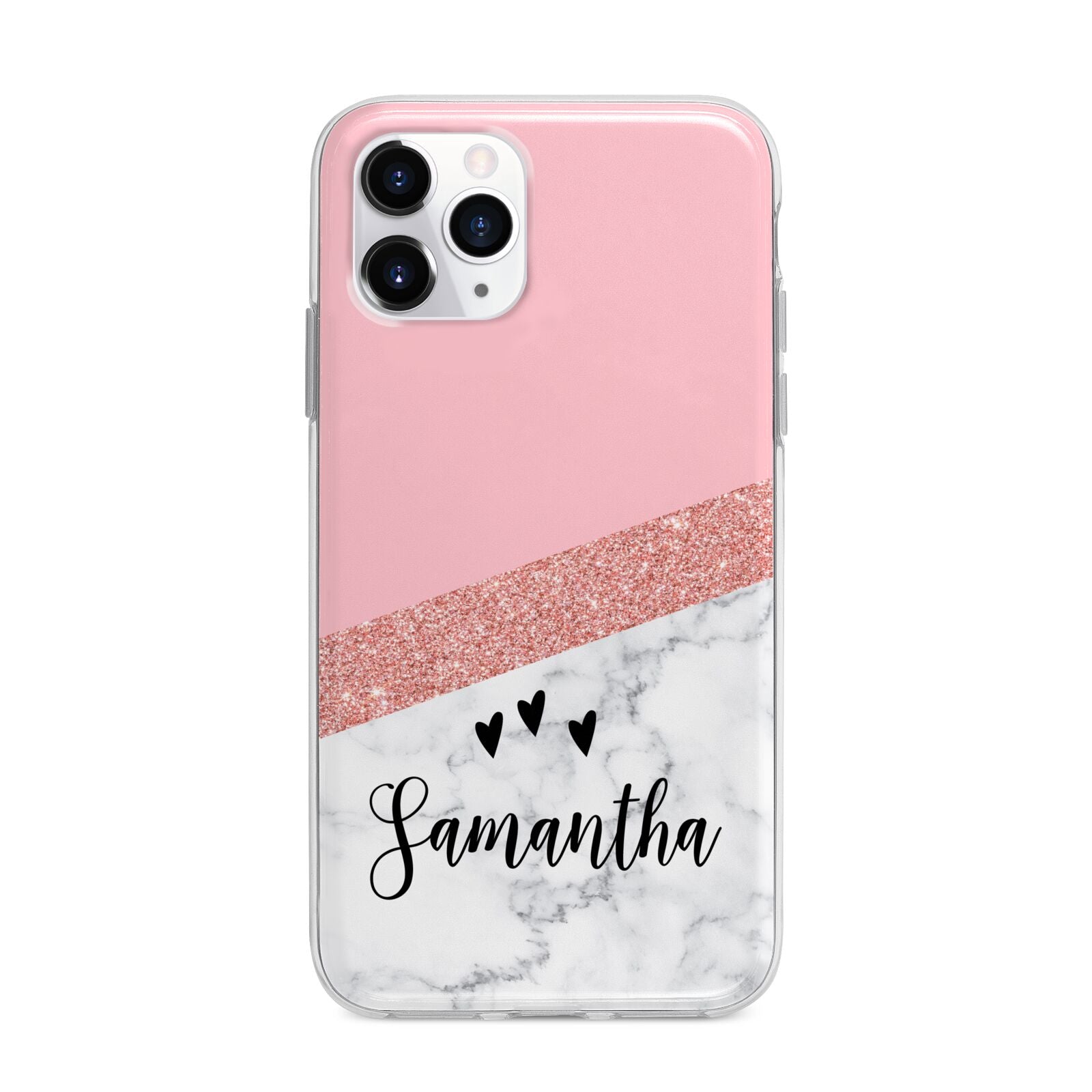 Pink Geometric Marble Personalised Name Apple iPhone 11 Pro in Silver with Bumper Case