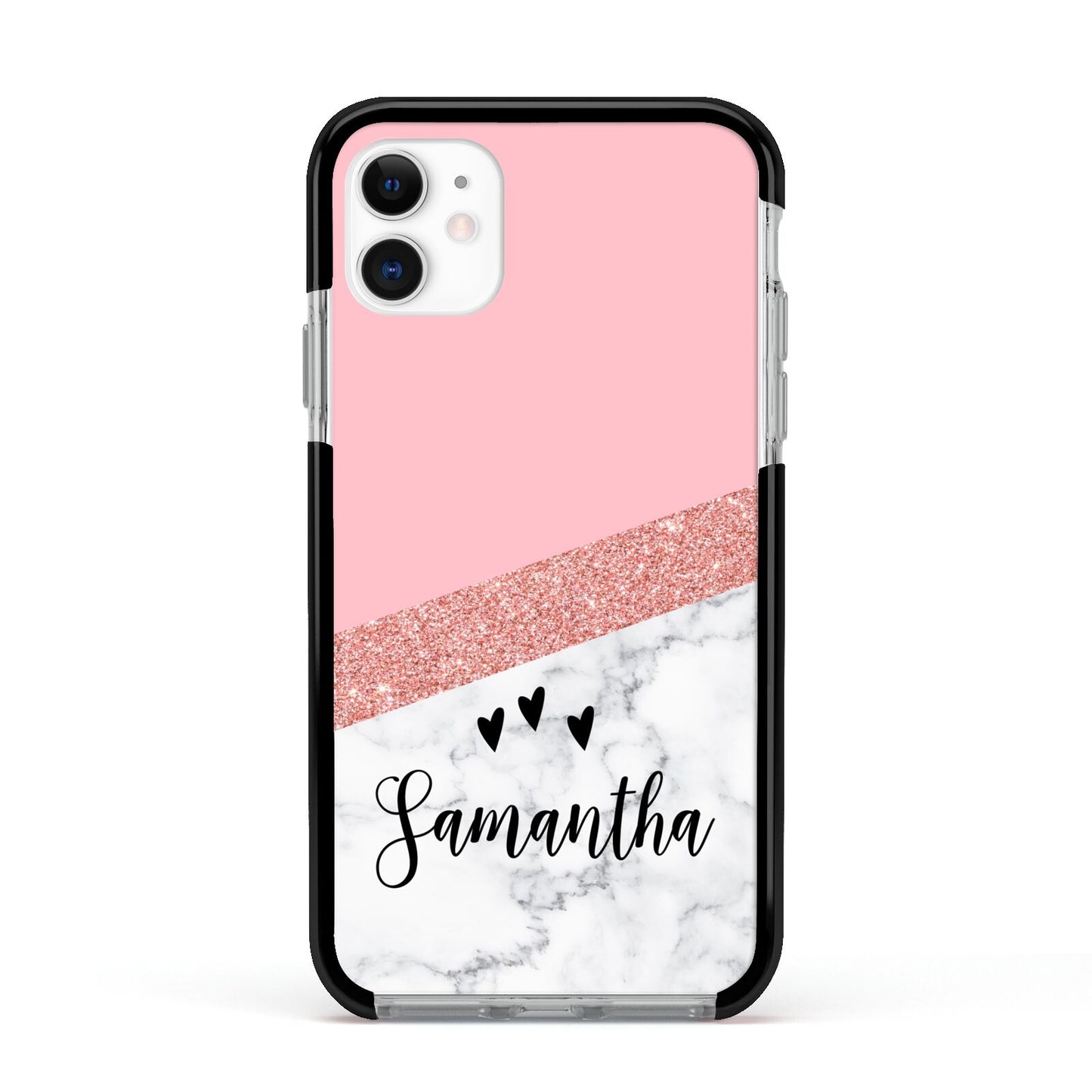 Pink Geometric Marble Personalised Name Apple iPhone 11 in White with Black Impact Case