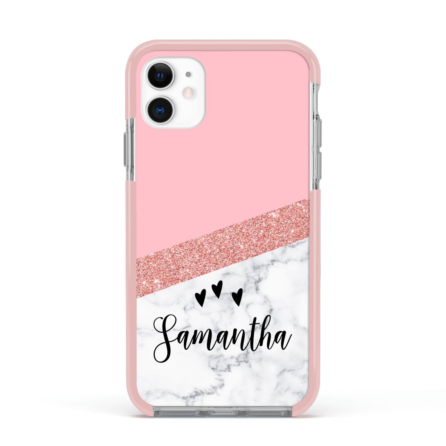 Pink Geometric Marble Personalised Name Apple iPhone 11 in White with Pink Impact Case