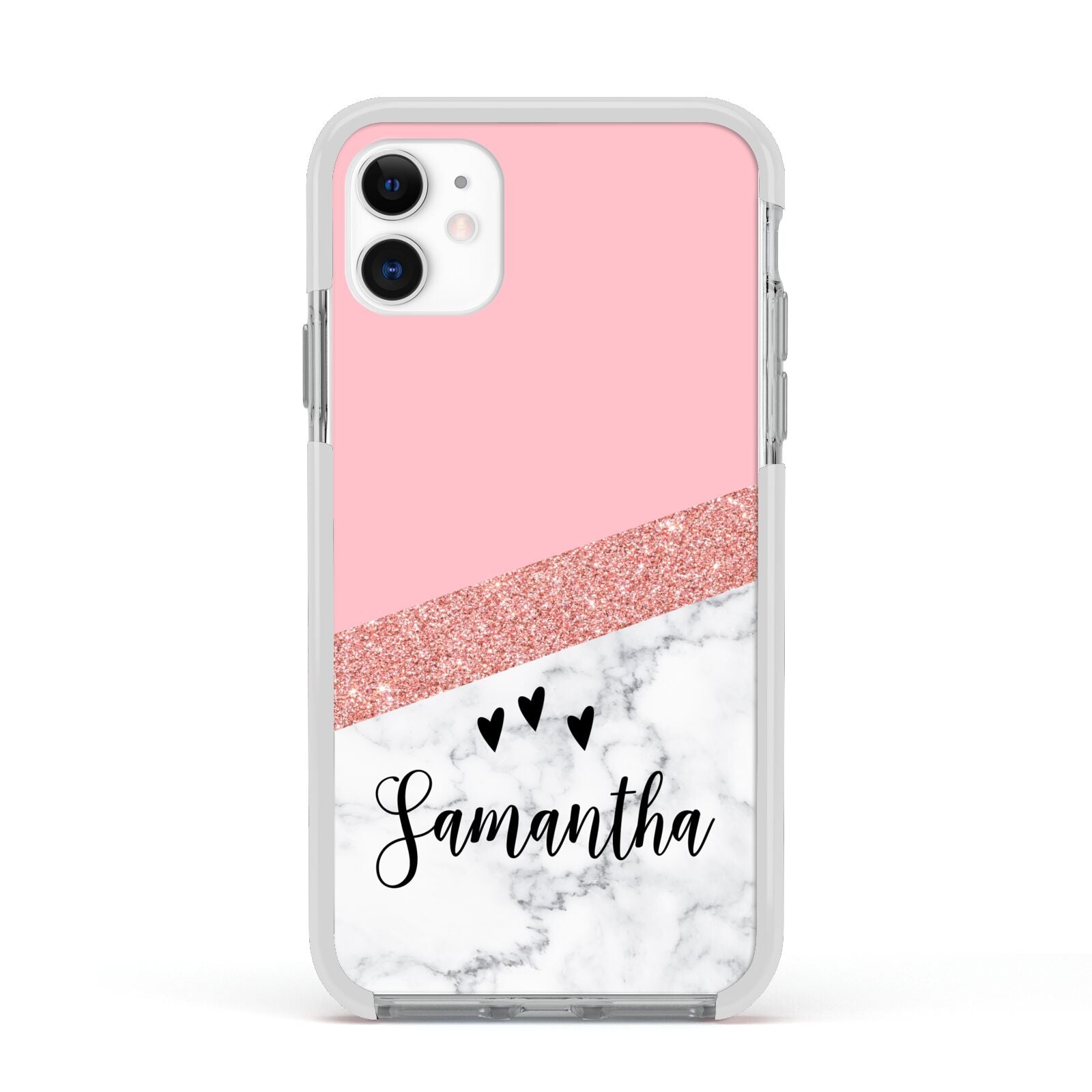 Pink Geometric Marble Personalised Name Apple iPhone 11 in White with White Impact Case