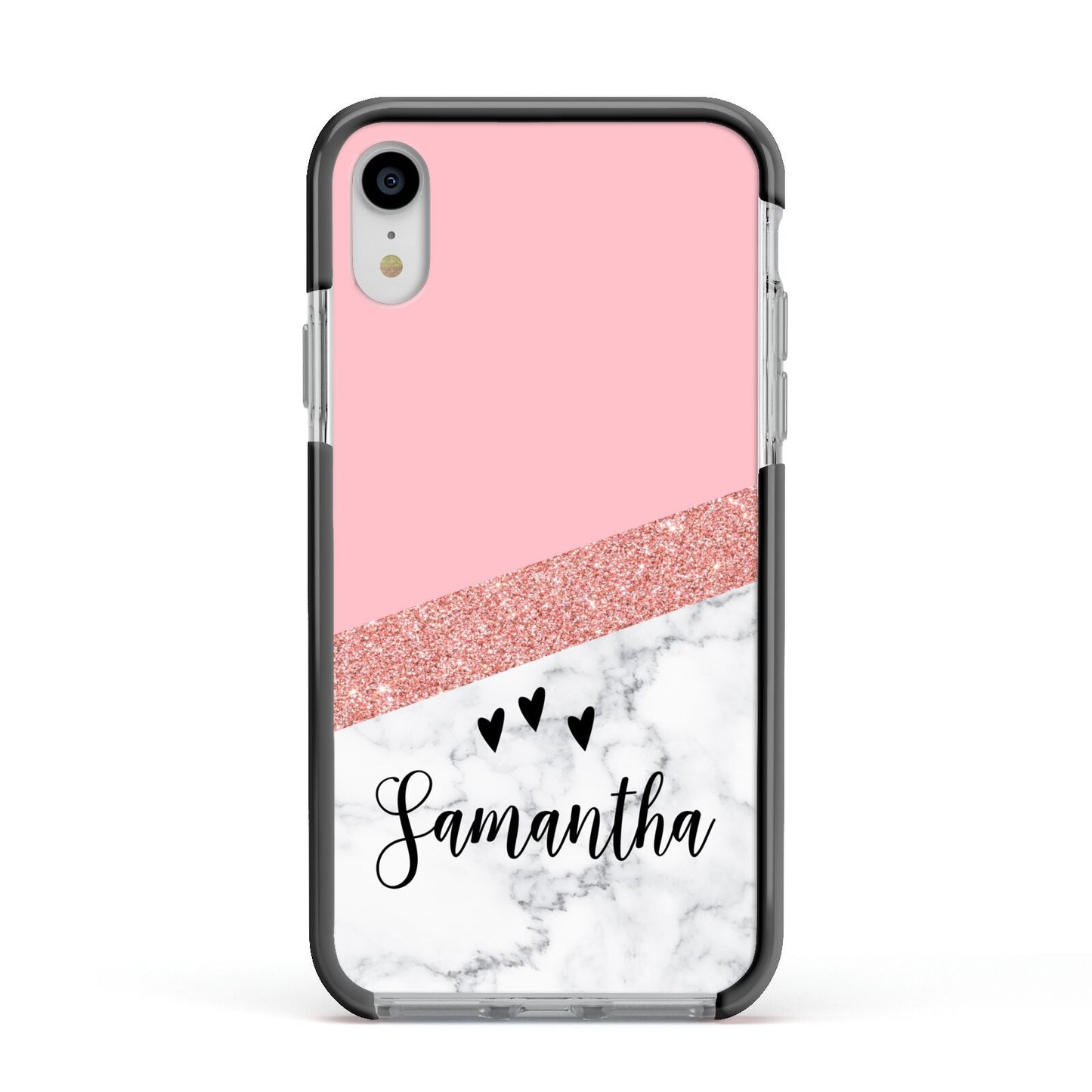 Pink Geometric Marble Personalised Name Apple iPhone XR Impact Case Black Edge on Silver Phone