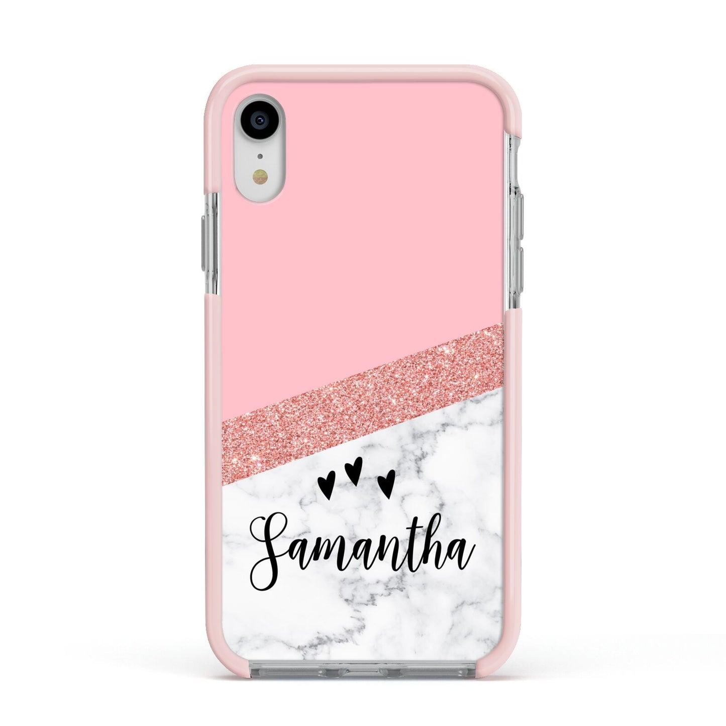 Pink Geometric Marble Personalised Name Apple iPhone XR Impact Case Pink Edge on Silver Phone