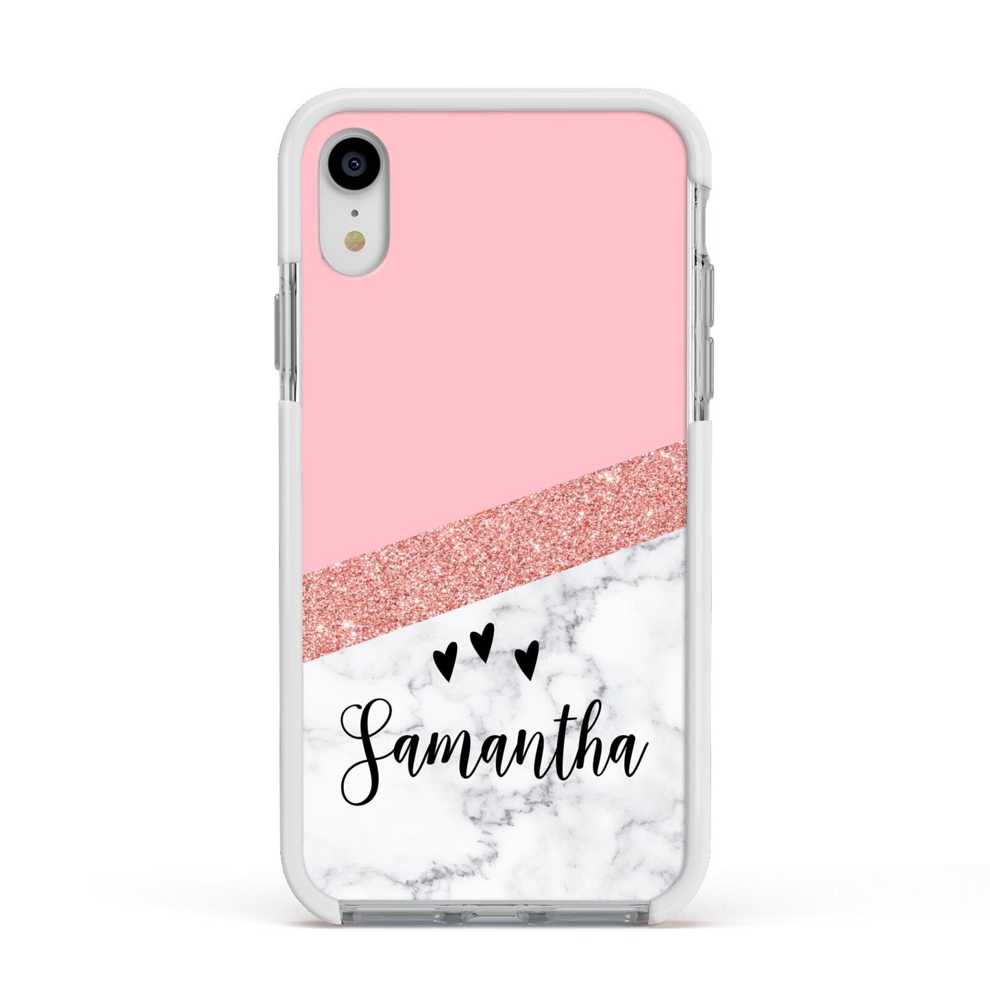 Pink Geometric Marble Personalised Name Apple iPhone XR Impact Case White Edge on Silver Phone