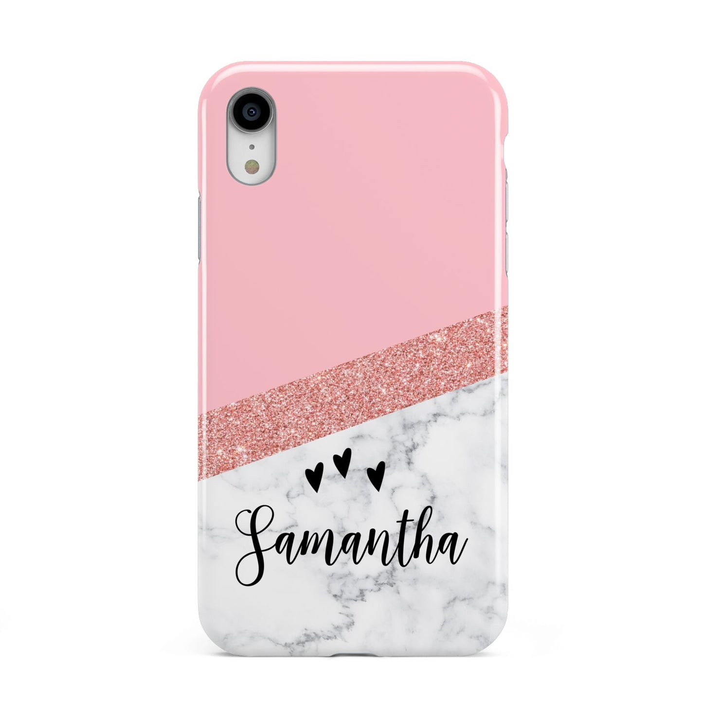 Pink Geometric Marble Personalised Name Apple iPhone XR White 3D Tough Case
