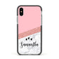 Pink Geometric Marble Personalised Name Apple iPhone Xs Impact Case Black Edge on Silver Phone