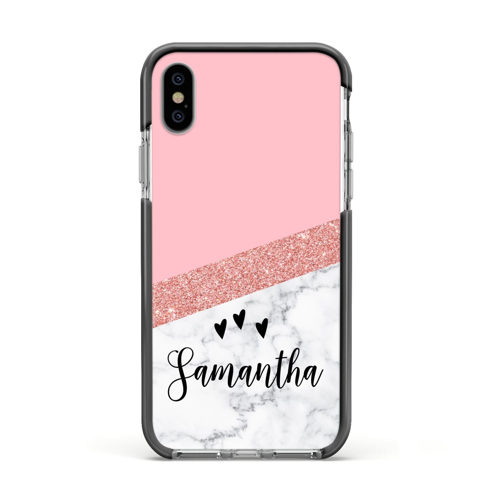 Pink Geometric Marble Personalised Name Apple iPhone Xs Impact Case Black Edge on Silver Phone