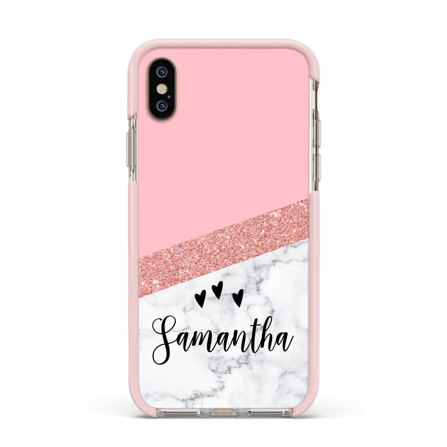 Pink Geometric Marble Personalised Name Apple iPhone Xs Impact Case Pink Edge on Gold Phone