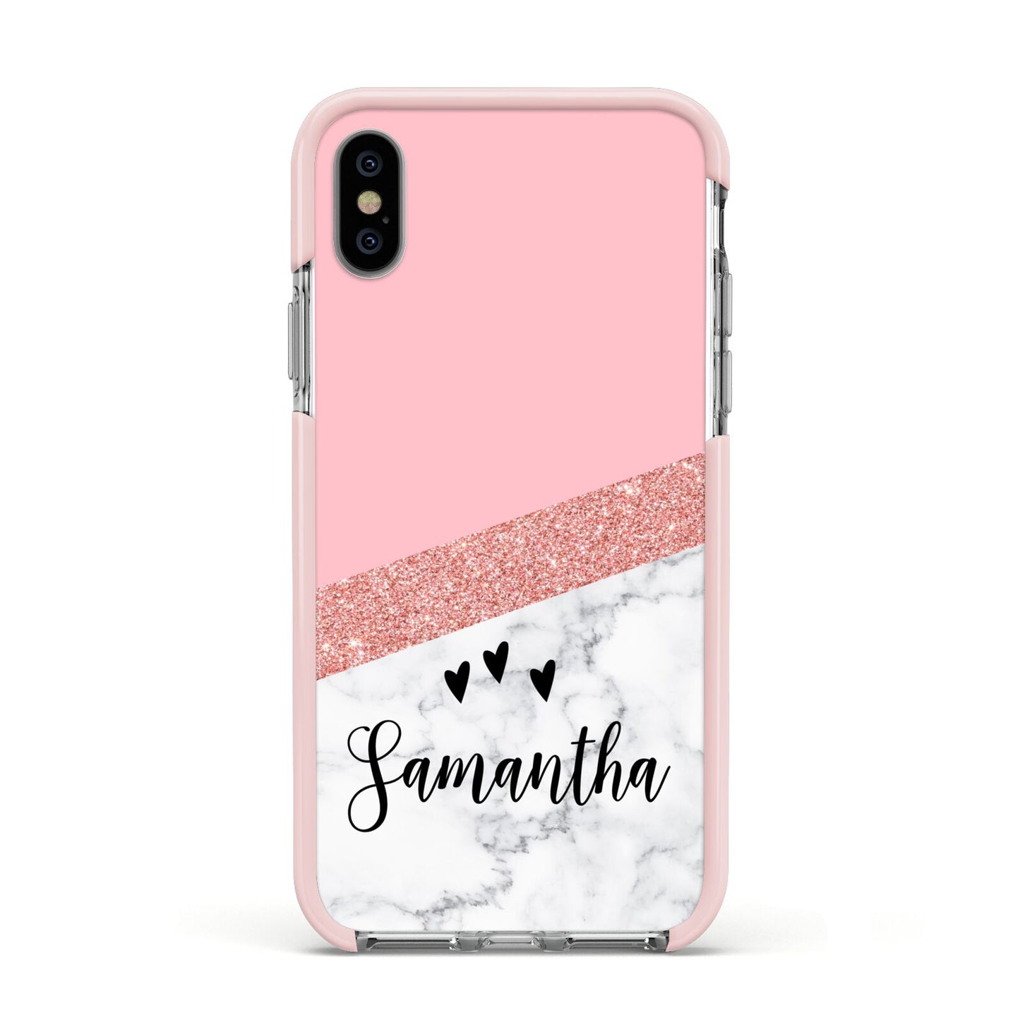 Pink Geometric Marble Personalised Name Apple iPhone Xs Impact Case Pink Edge on Silver Phone