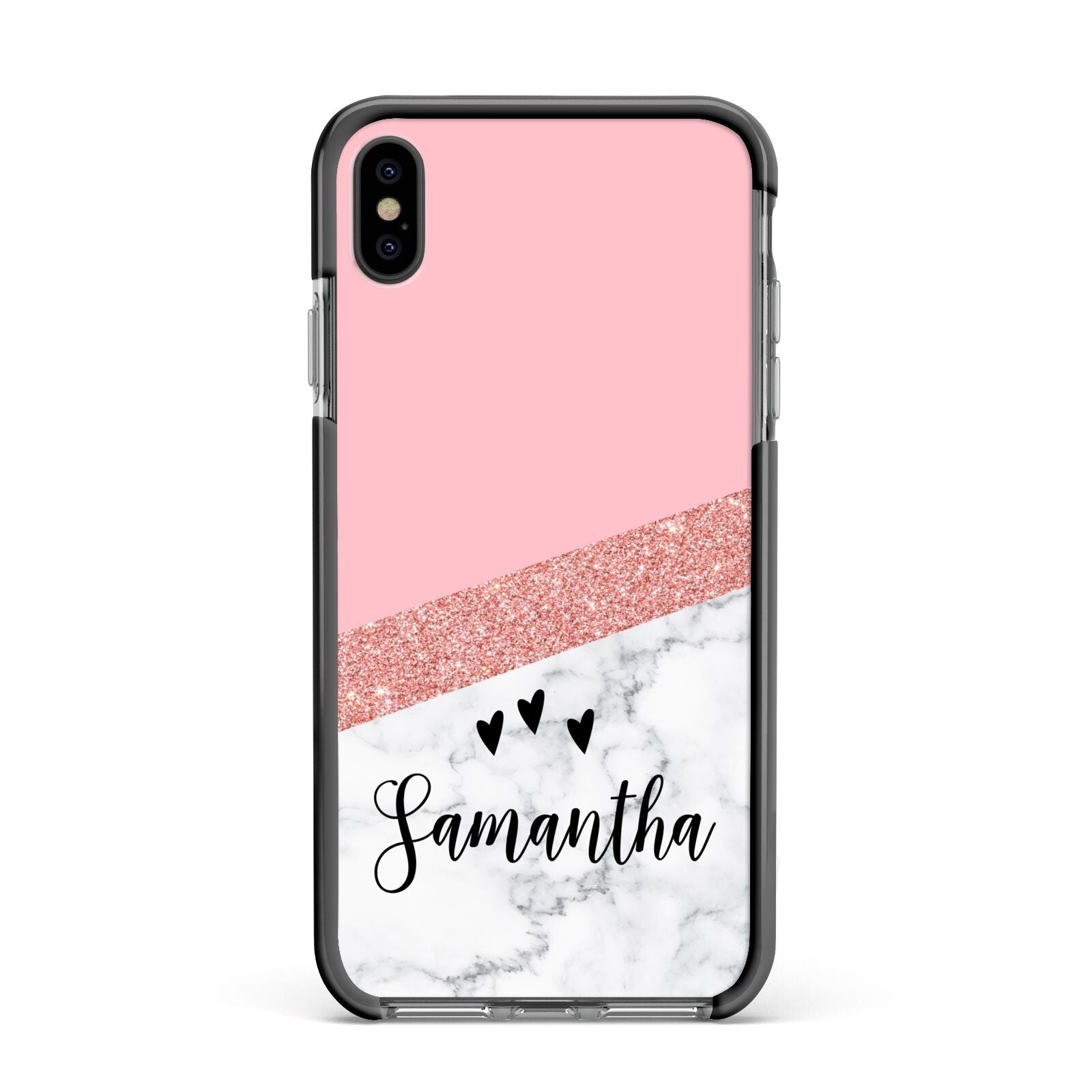 Pink Geometric Marble Personalised Name Apple iPhone Xs Max Impact Case Black Edge on Black Phone