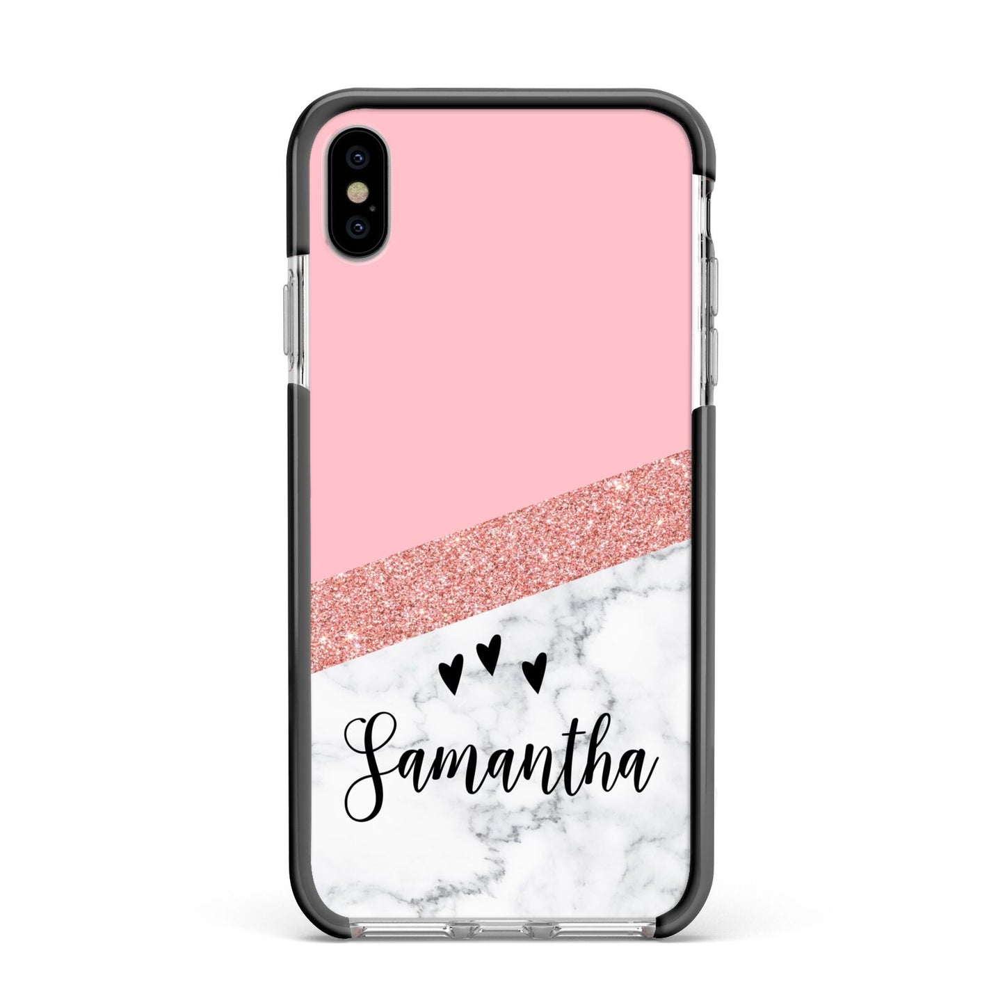 Pink Geometric Marble Personalised Name Apple iPhone Xs Max Impact Case Black Edge on Silver Phone