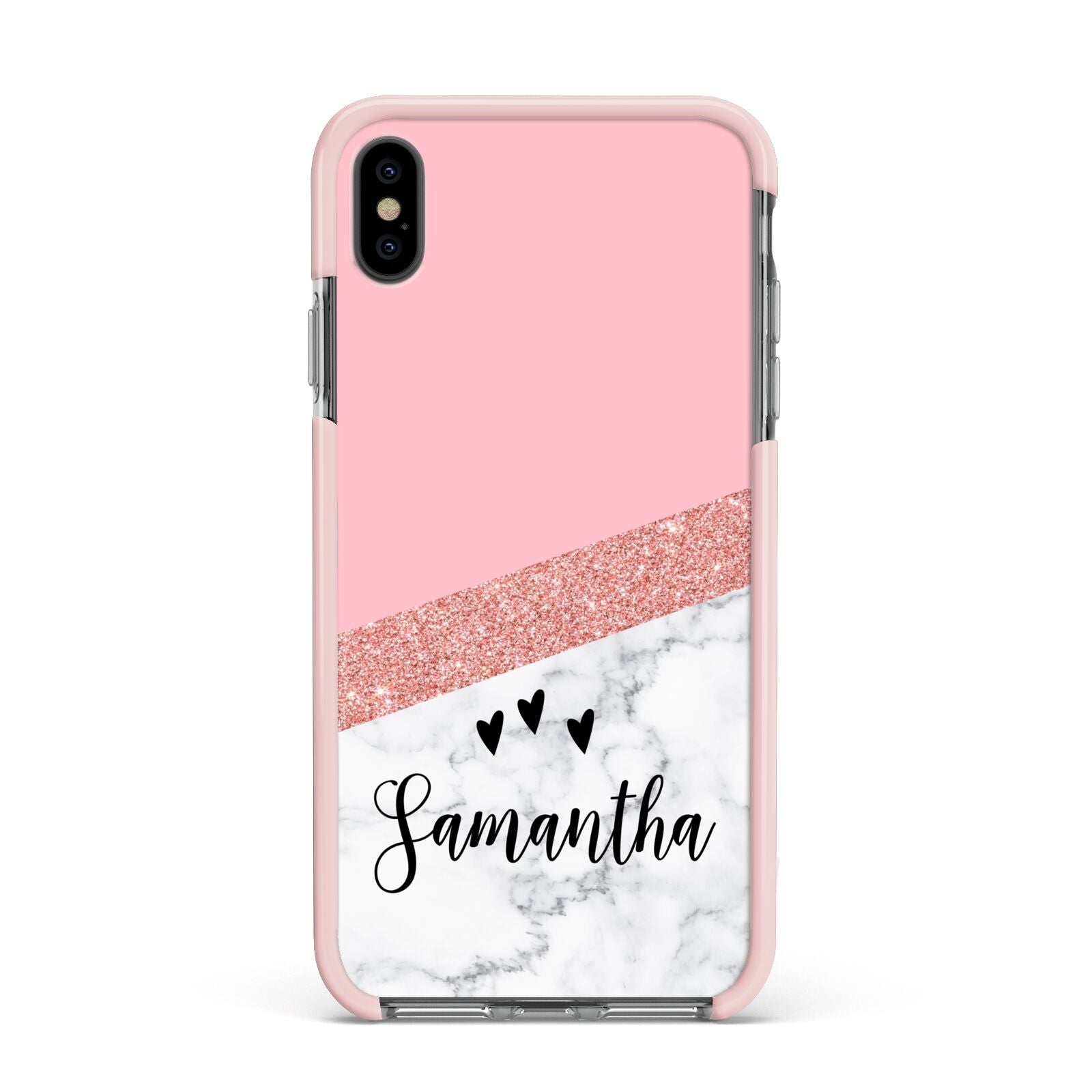 Pink Geometric Marble Personalised Name Apple iPhone Xs Max Impact Case Pink Edge on Black Phone