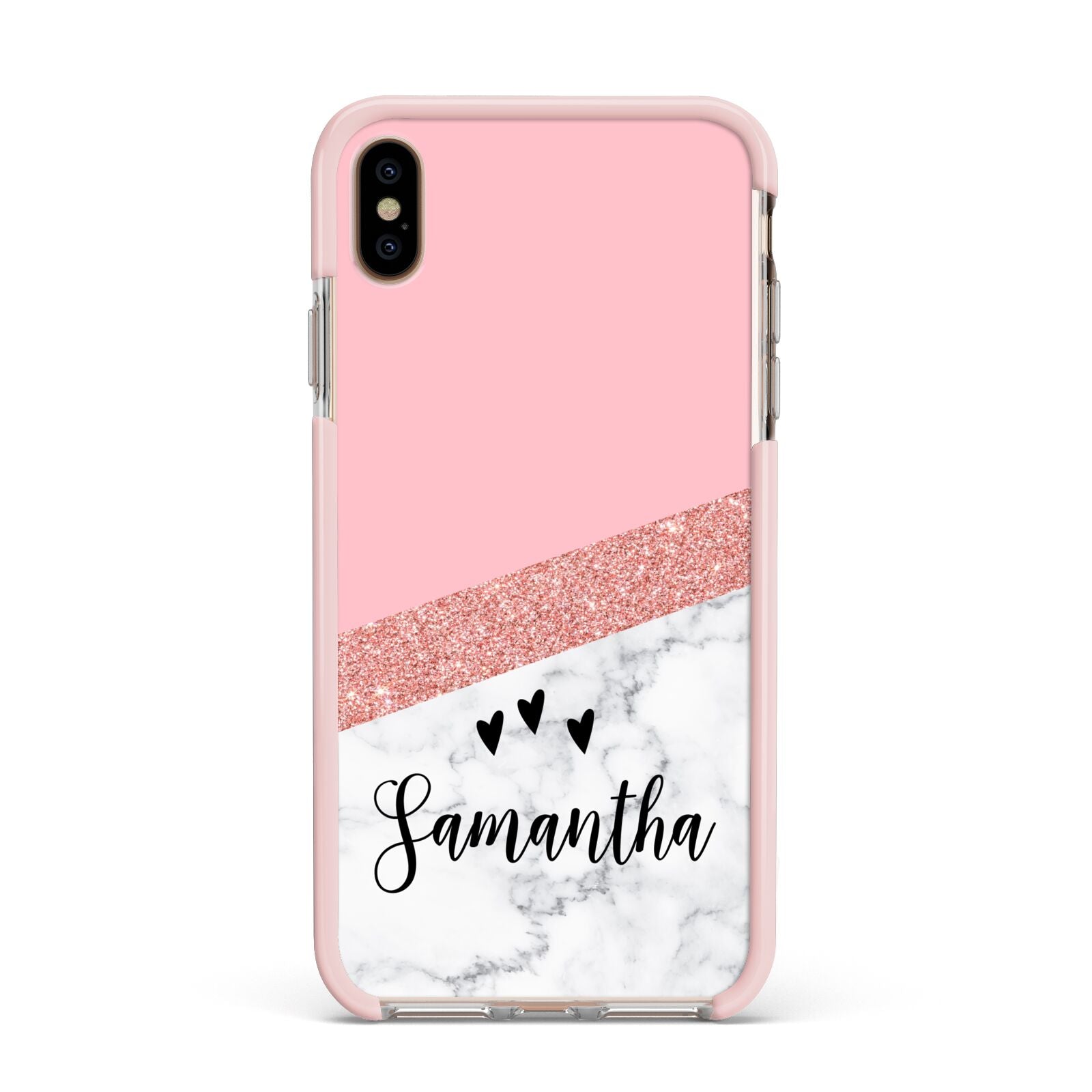 Pink Geometric Marble Personalised Name Apple iPhone Xs Max Impact Case Pink Edge on Gold Phone