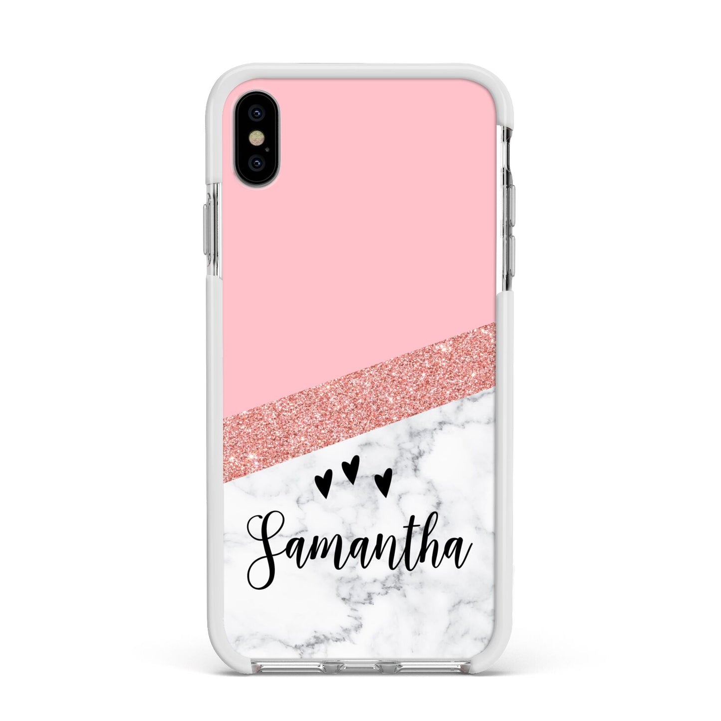 Pink Geometric Marble Personalised Name Apple iPhone Xs Max Impact Case White Edge on Silver Phone