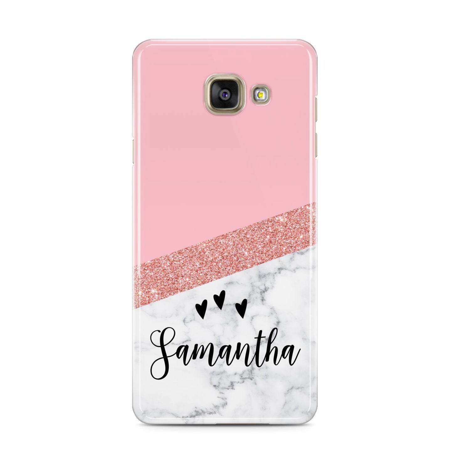 Pink Geometric Marble Personalised Name Samsung Galaxy A3 2016 Case on gold phone