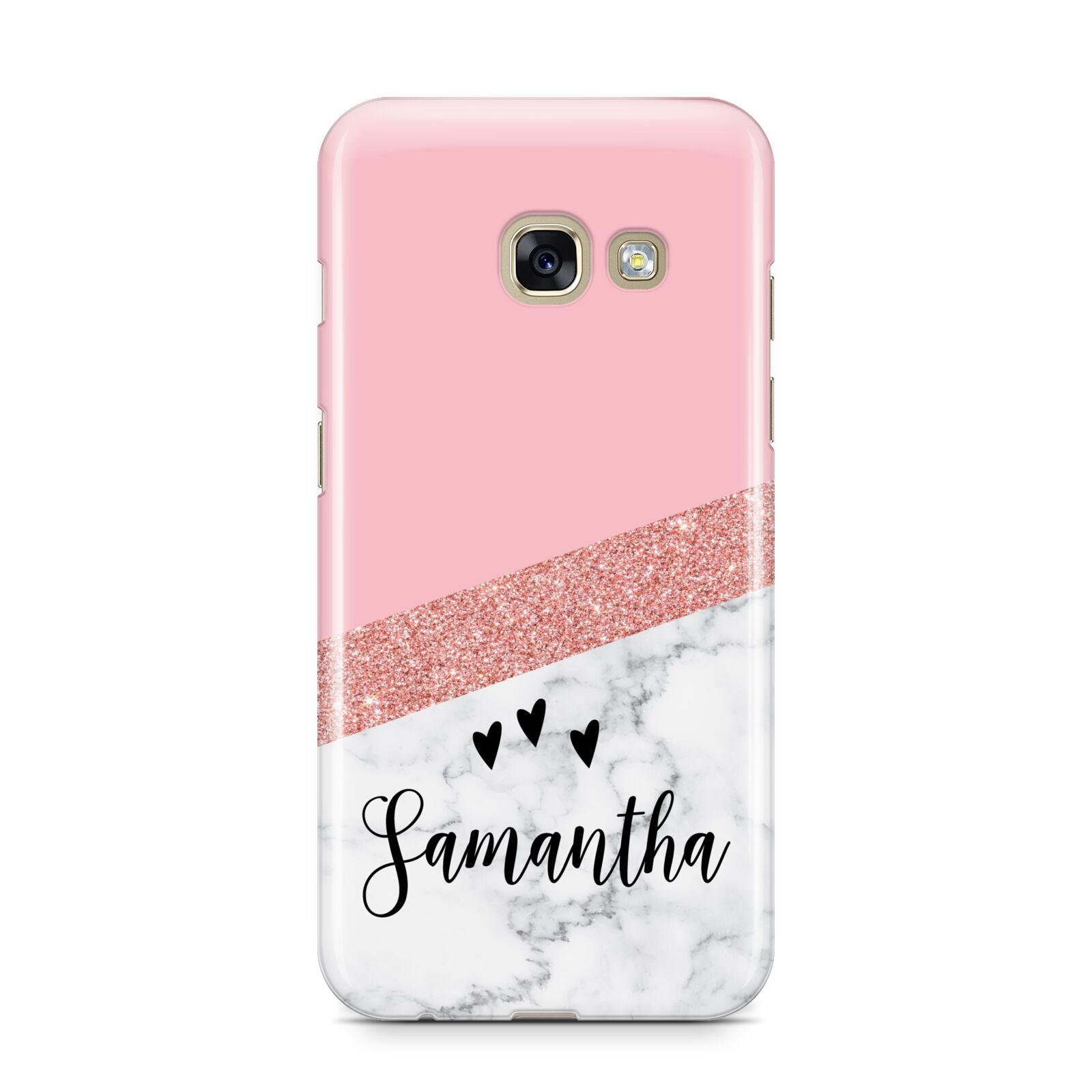 Pink Geometric Marble Personalised Name Samsung Galaxy A3 2017 Case on gold phone