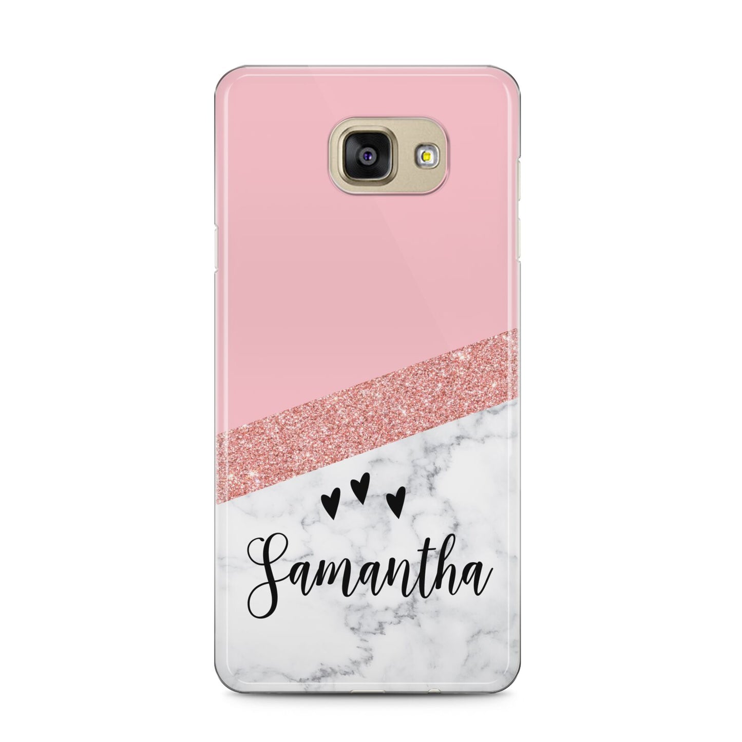 Pink Geometric Marble Personalised Name Samsung Galaxy A5 2016 Case on gold phone