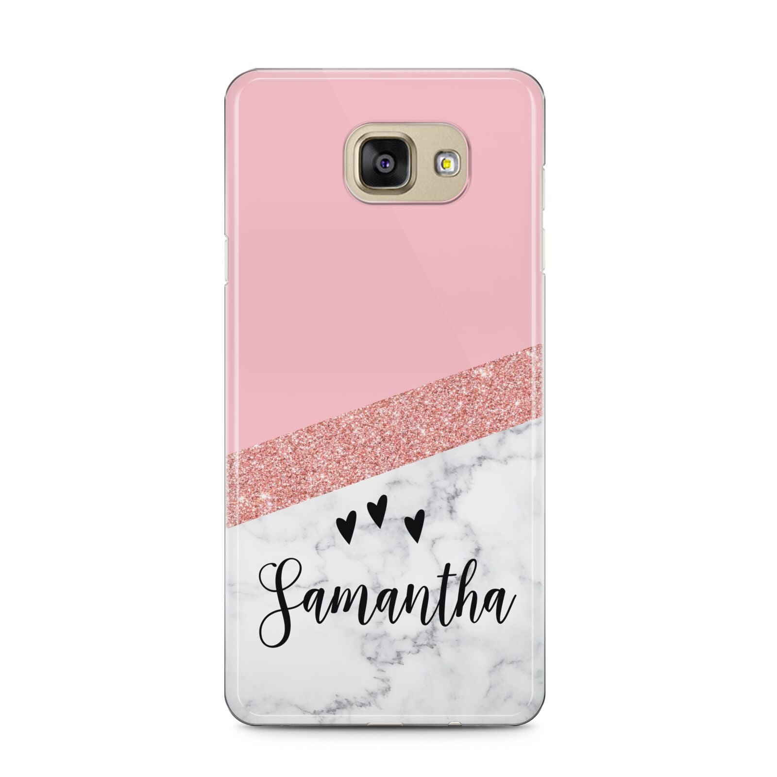 Pink Geometric Marble Personalised Name Samsung Galaxy A5 2016 Case on gold phone