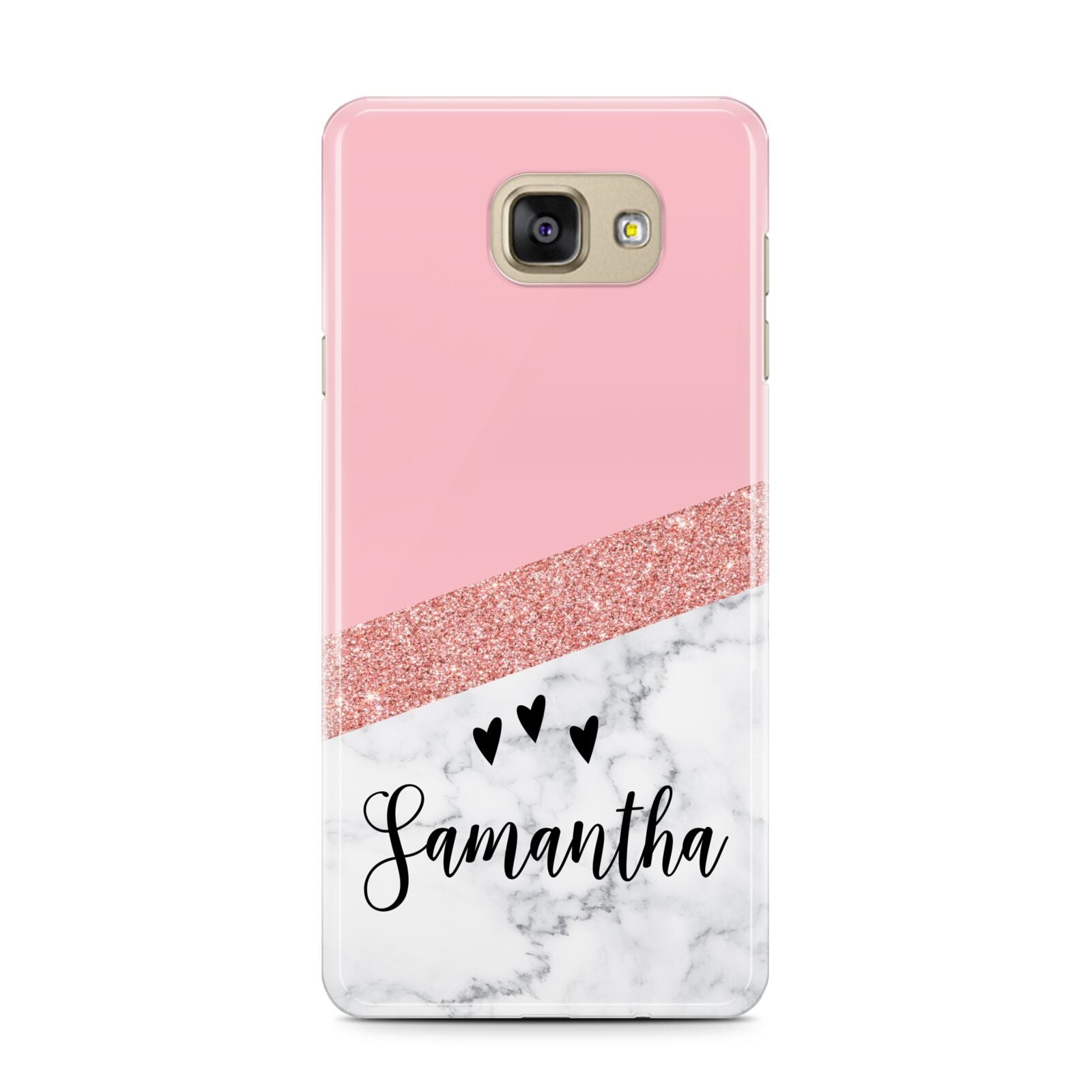 Pink Geometric Marble Personalised Name Samsung Galaxy A7 2016 Case on gold phone