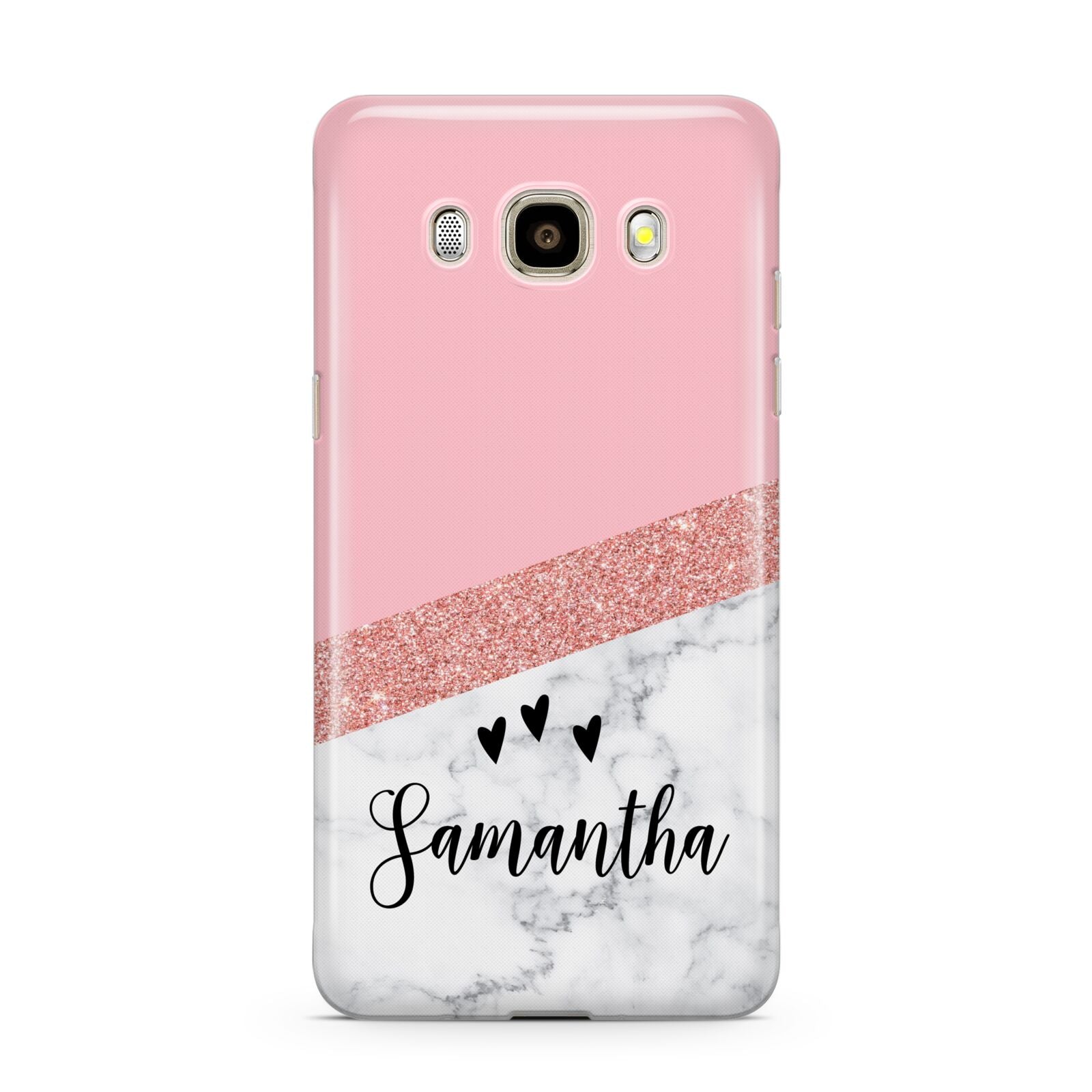 Pink Geometric Marble Personalised Name Samsung Galaxy J7 2016 Case on gold phone