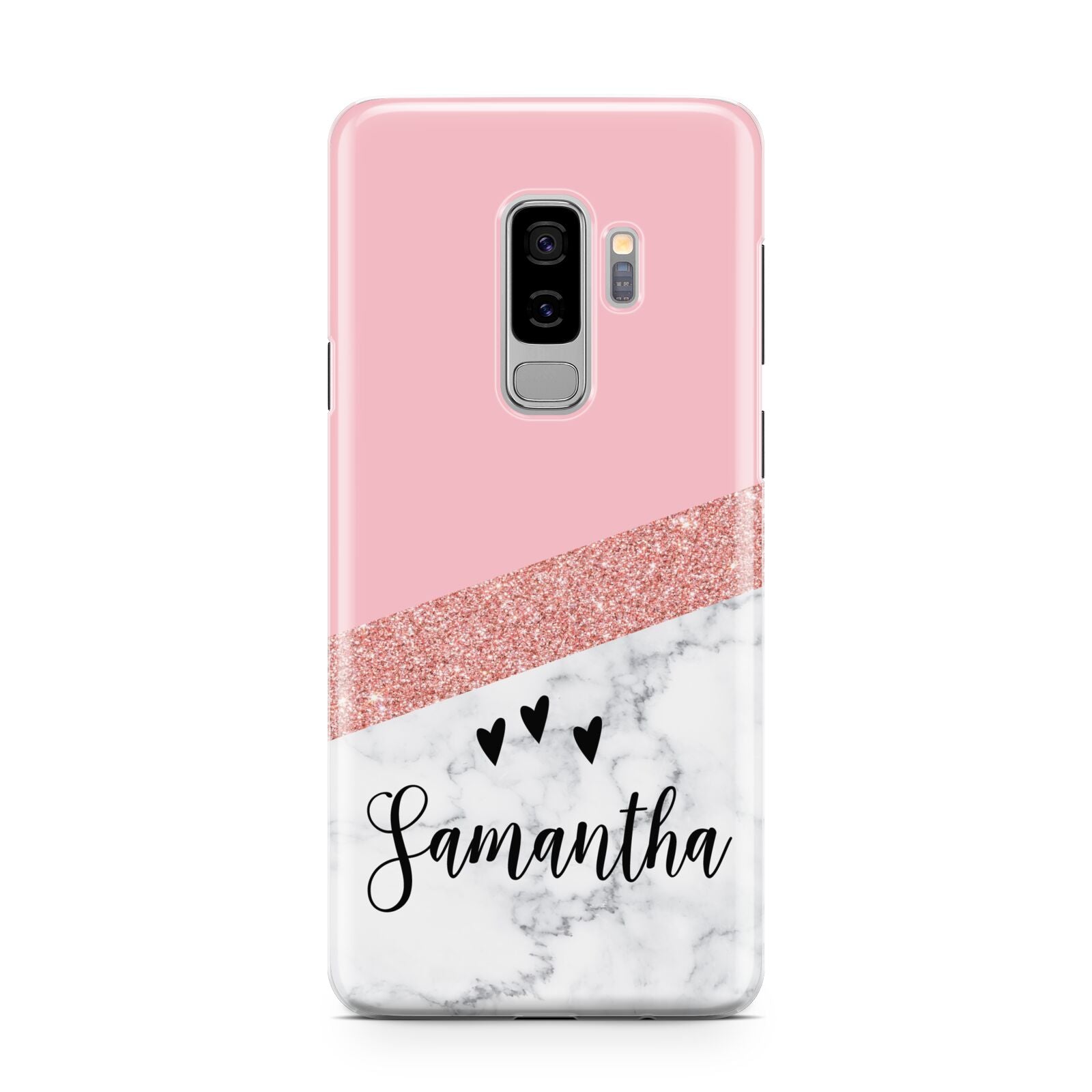 Pink Geometric Marble Personalised Name Samsung Galaxy S9 Plus Case on Silver phone