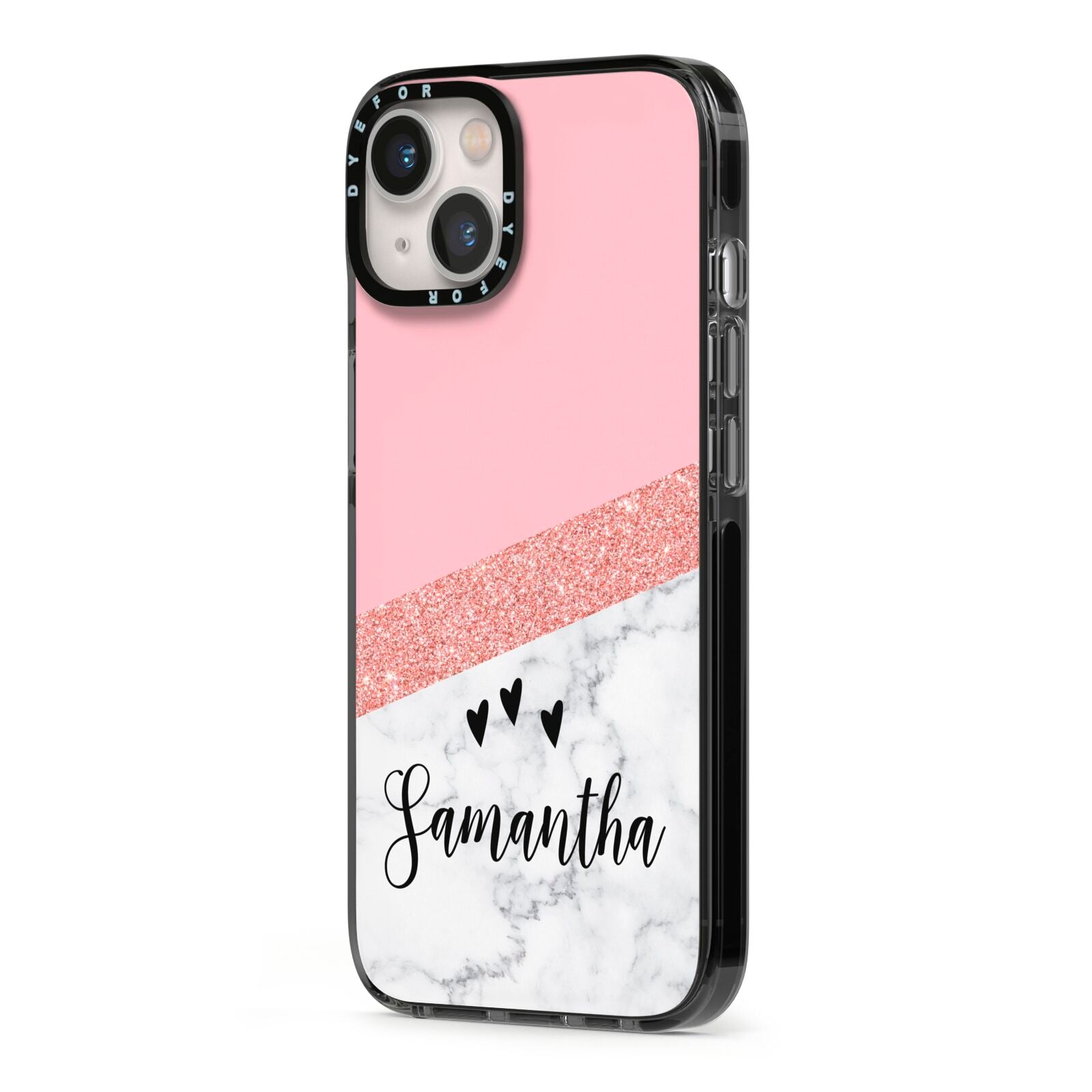 Pink Geometric Marble Personalised Name iPhone 13 Black Impact Case Side Angle on Silver phone