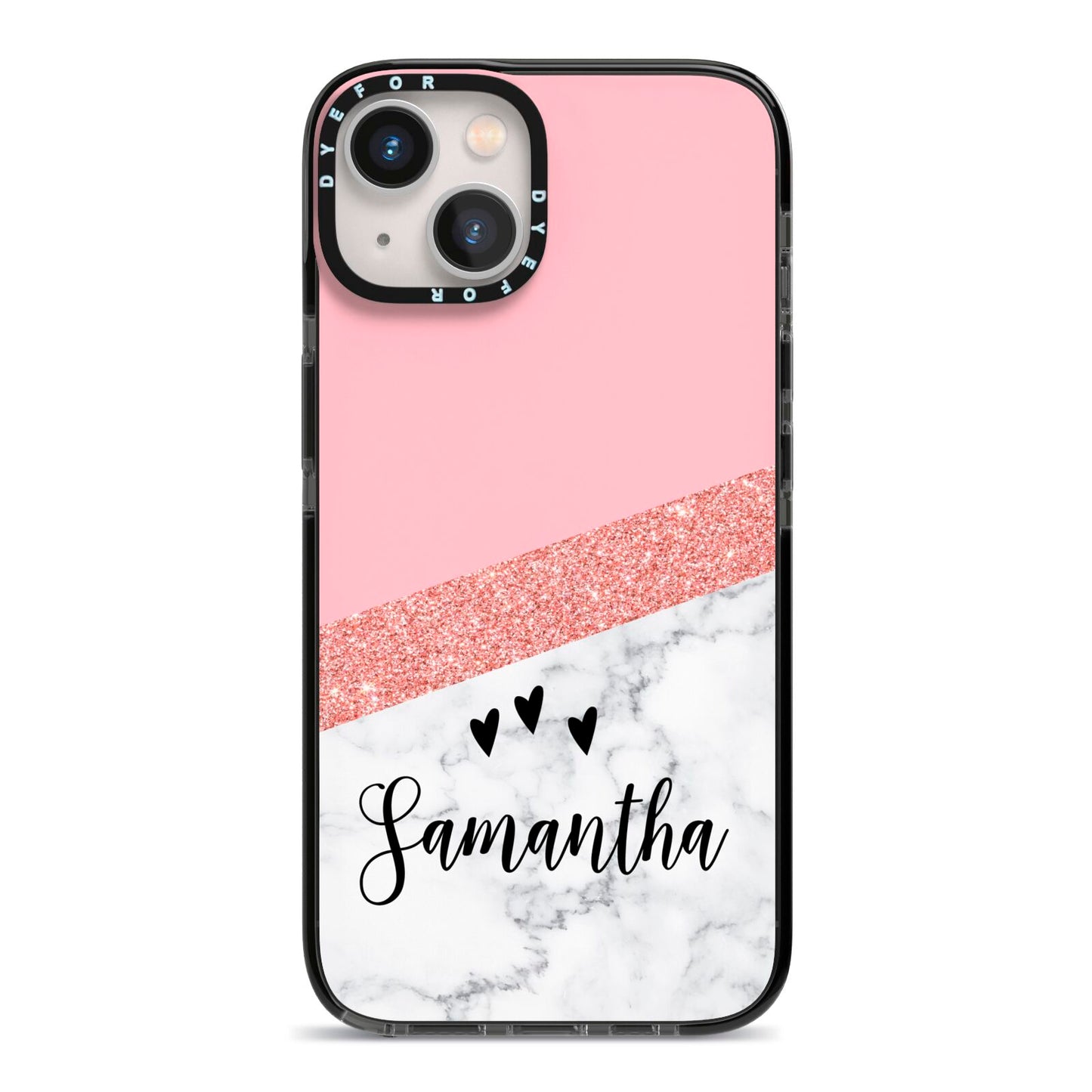 Pink Geometric Marble Personalised Name iPhone 13 Black Impact Case on Silver phone