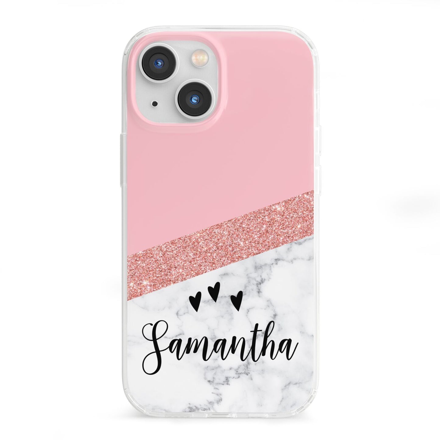 Pink Geometric Marble Personalised Name iPhone 13 Mini Clear Bumper Case