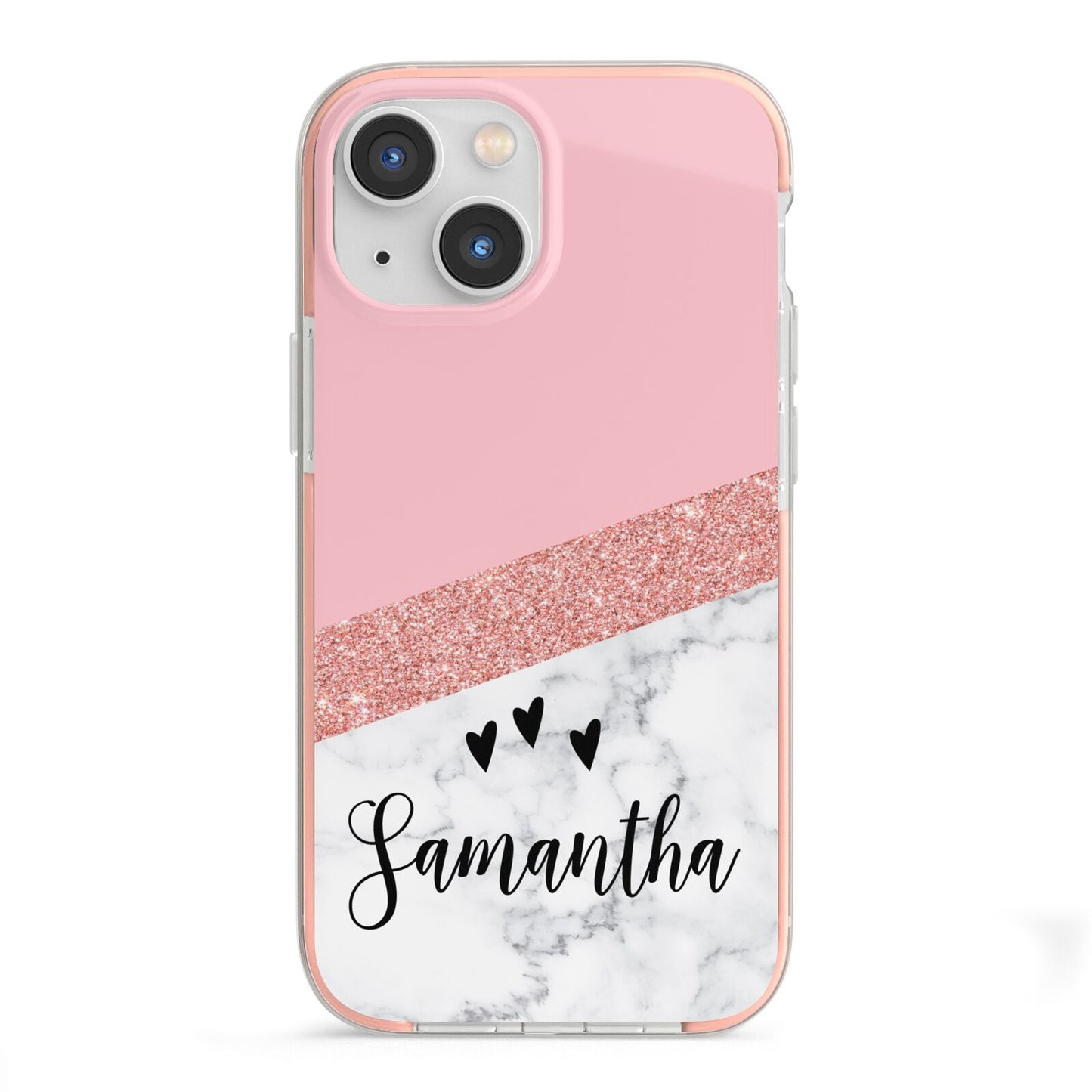 Pink Geometric Marble Personalised Name iPhone 13 Mini TPU Impact Case with Pink Edges