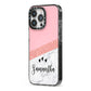 Pink Geometric Marble Personalised Name iPhone 13 Pro Black Impact Case Side Angle on Silver phone