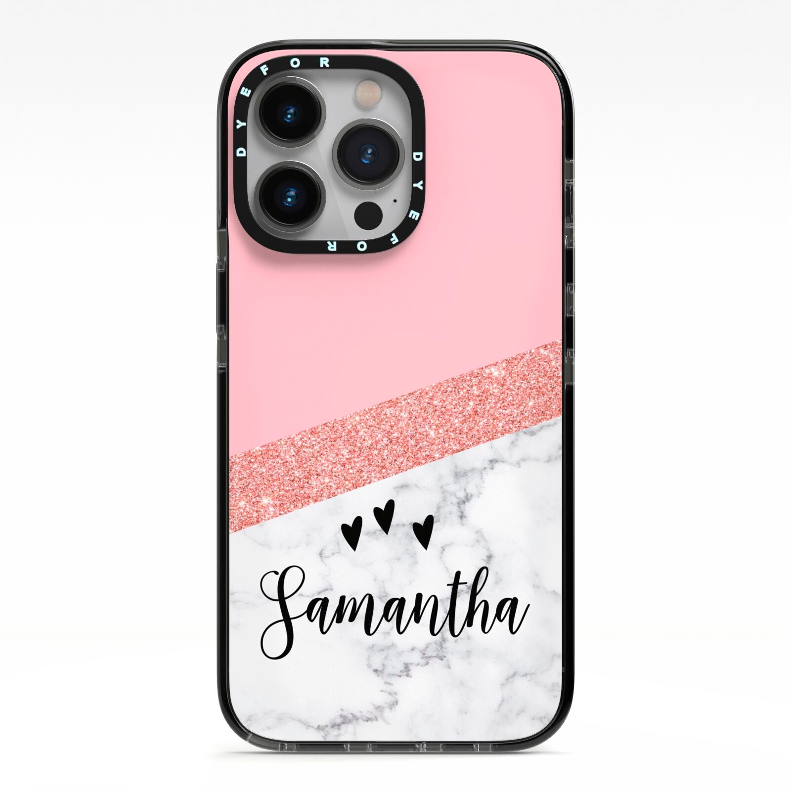 Pink Geometric Marble Personalised Name iPhone 13 Pro Black Impact Case on Silver phone