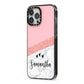 Pink Geometric Marble Personalised Name iPhone 13 Pro Max Black Impact Case Side Angle on Silver phone