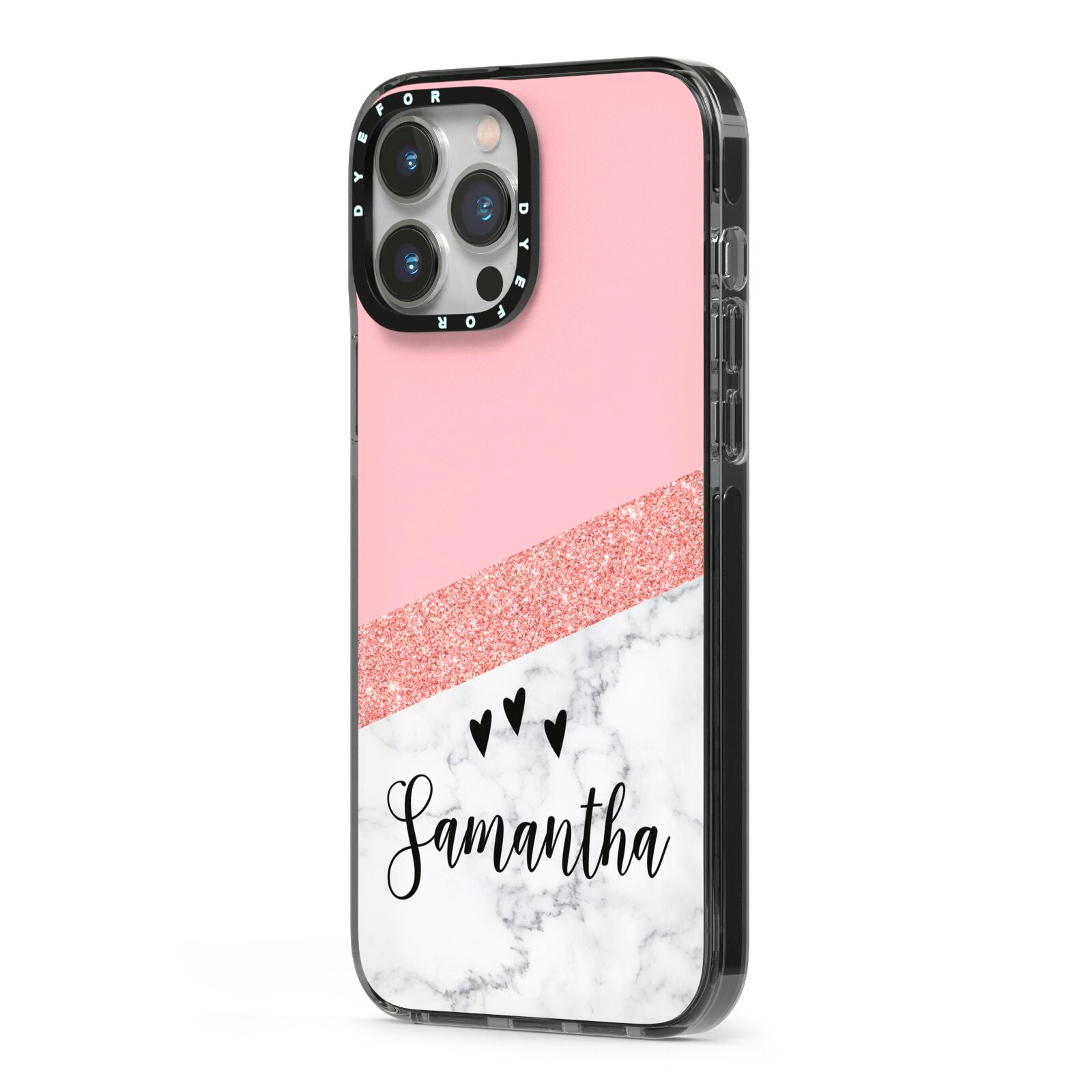 Pink Geometric Marble Personalised Name iPhone 13 Pro Max Black Impact Case Side Angle on Silver phone