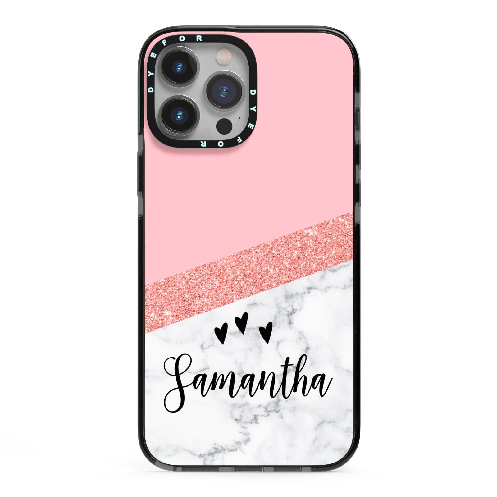 Pink Geometric Marble Personalised Name iPhone 13 Pro Max Black Impact Case on Silver phone